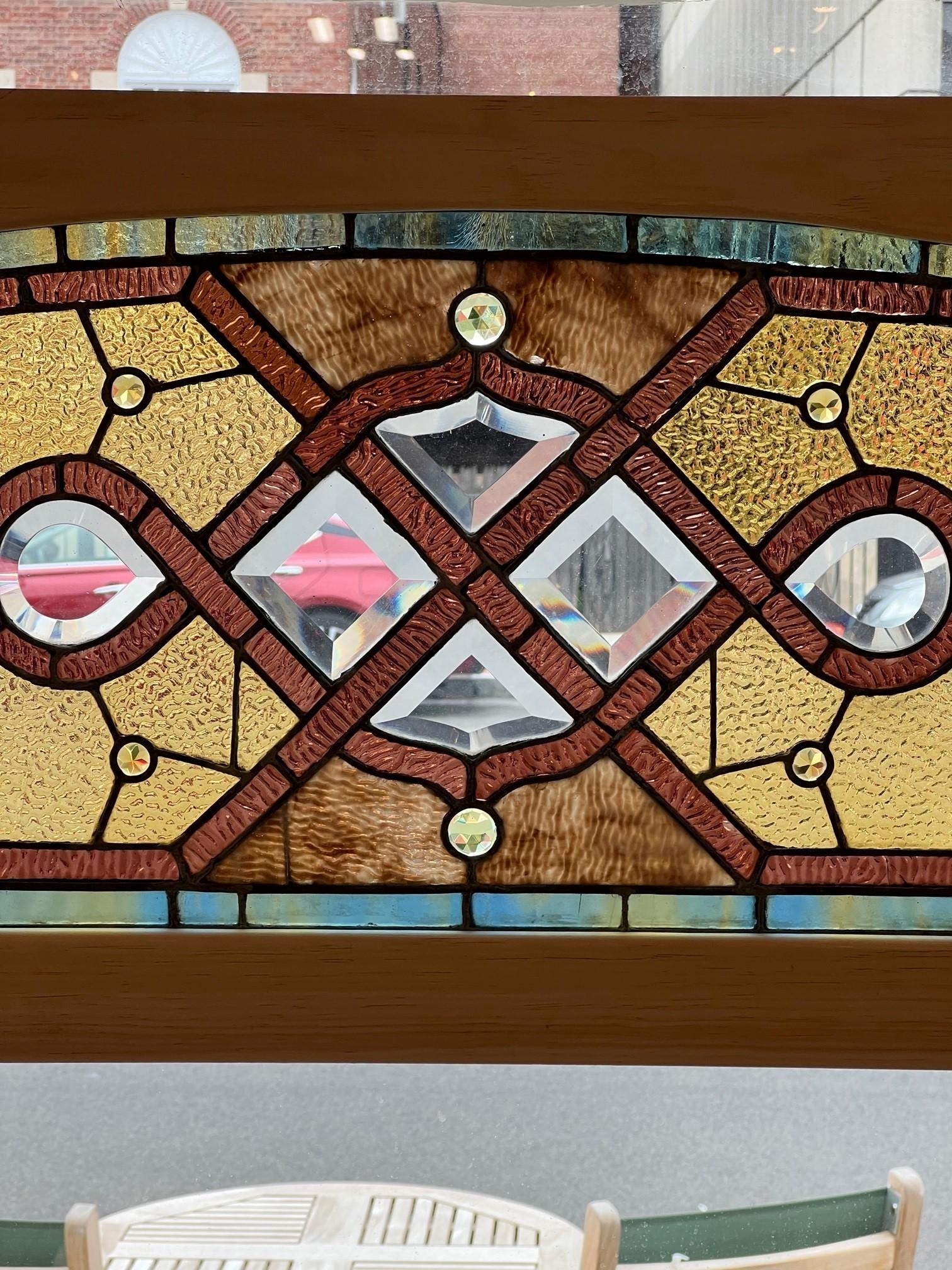 Late 19th Century Antique Arched Stained Glass Transom Window New Wood Frame For Sale 4