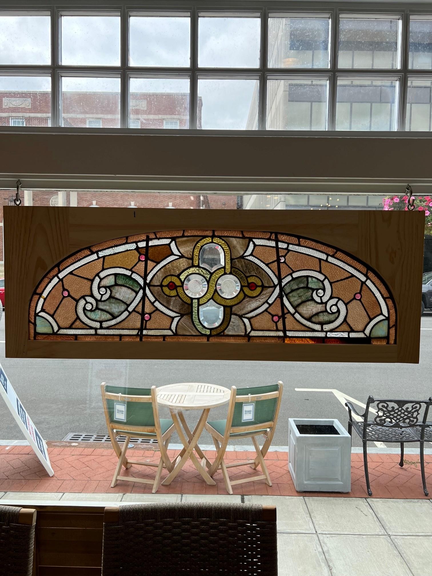 Late 19th Century Antique Arched Stained Glass Transom Window New Wood Frame For Sale 5
