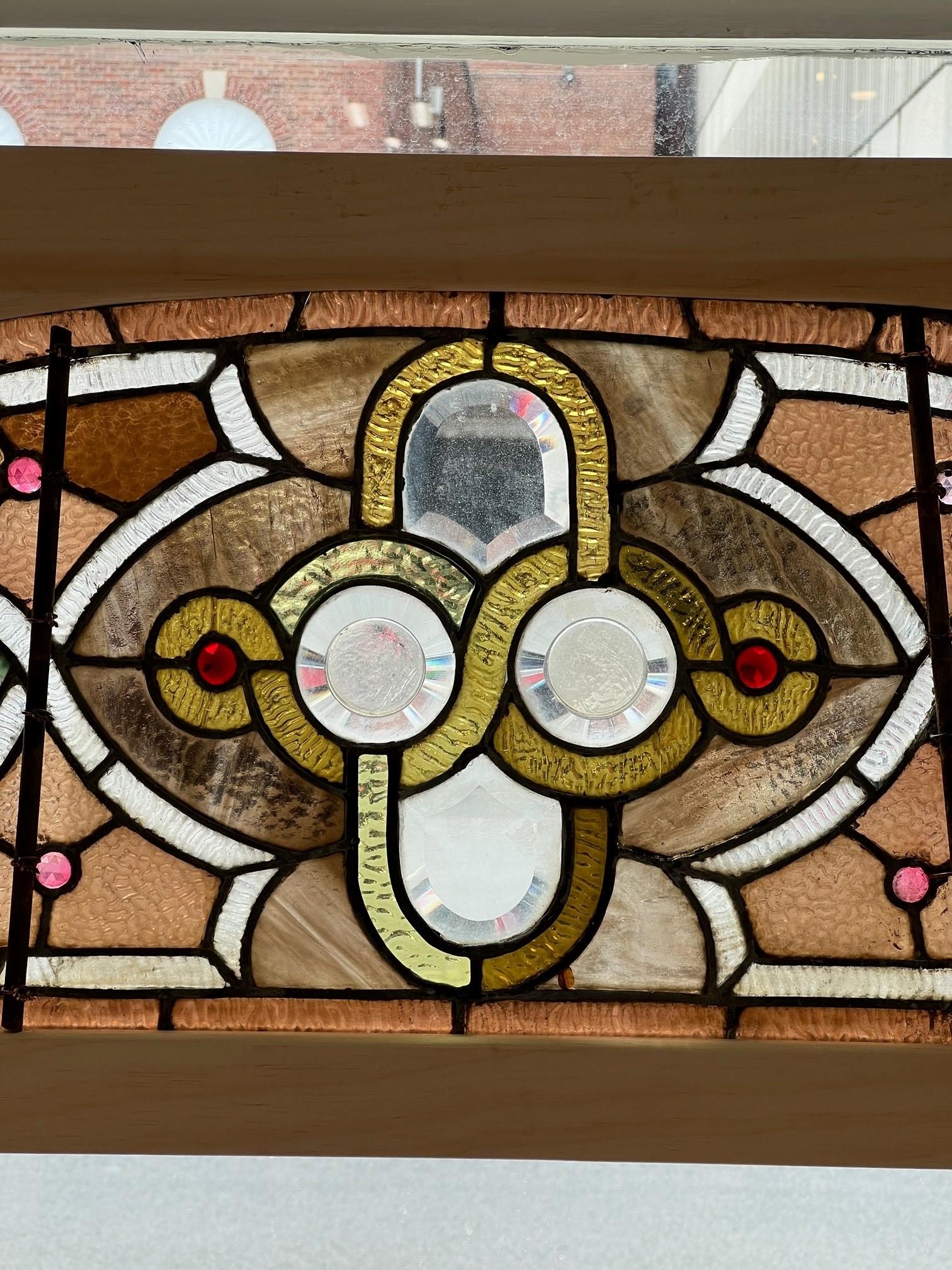 Late 19th Century Antique Arched Stained Glass Transom Window New Wood Frame For Sale 6