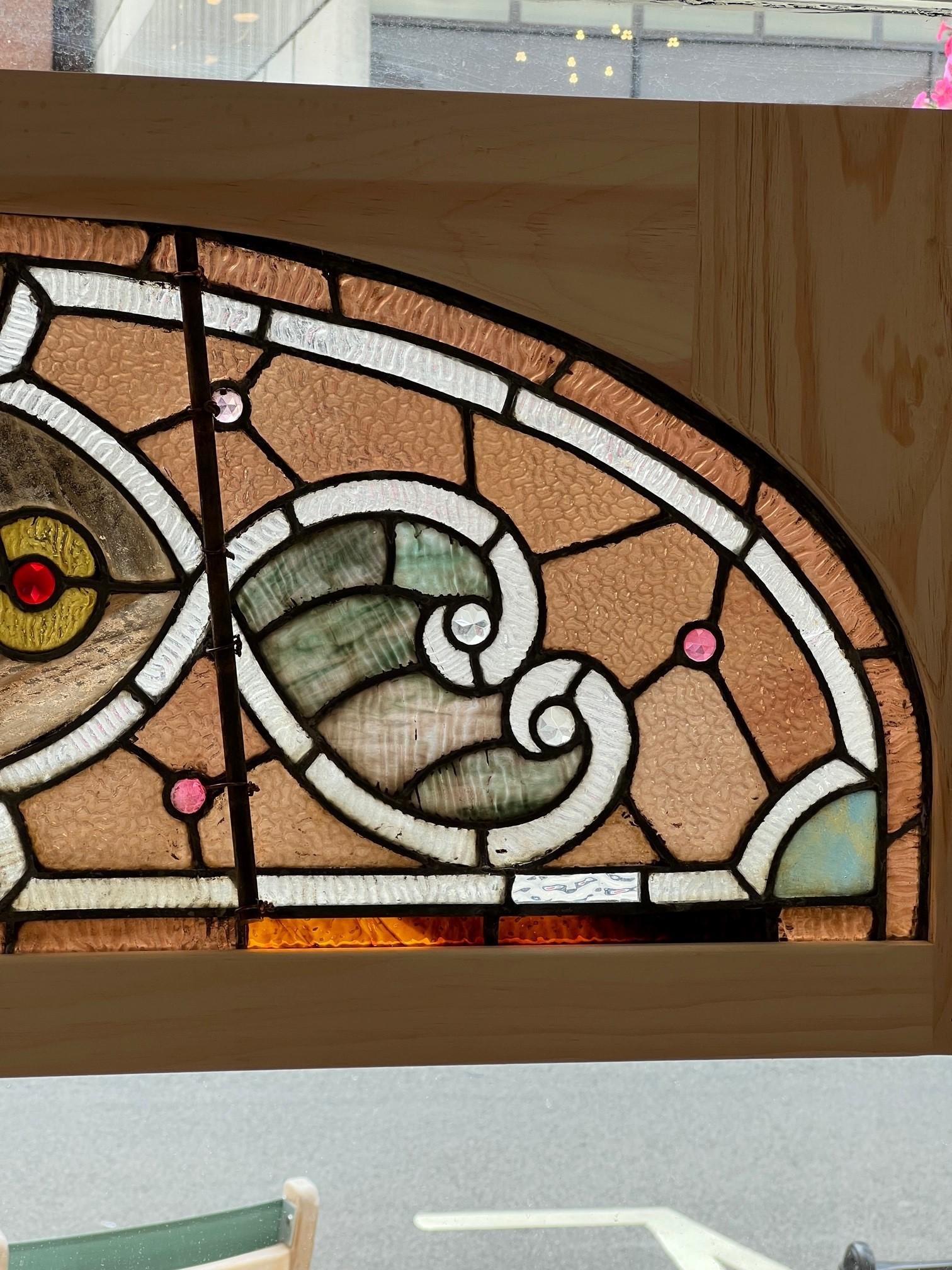 Late 19th Century Antique Arched Stained Glass Transom Window New Wood Frame For Sale 7