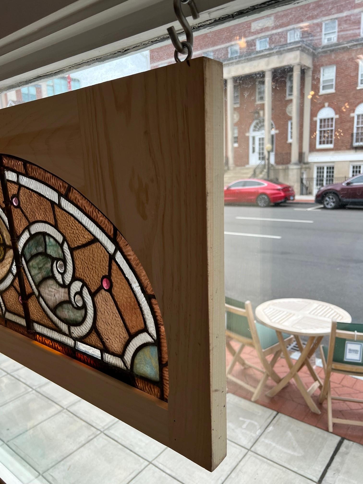 Late 19th Century Antique Arched Stained Glass Transom Window New Wood Frame For Sale 8