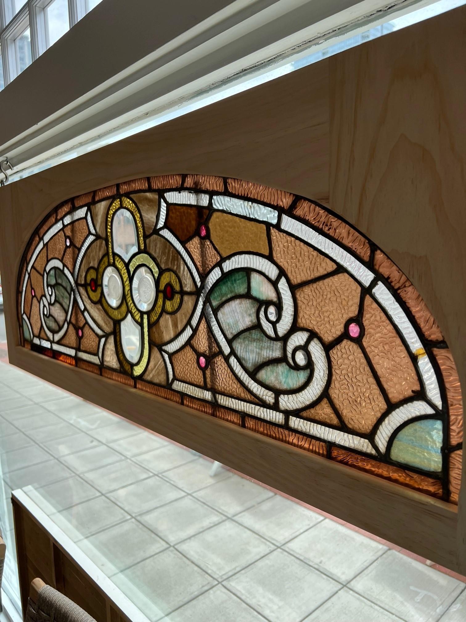 American Late 19th Century Antique Arched Stained Glass Transom Window New Wood Frame For Sale