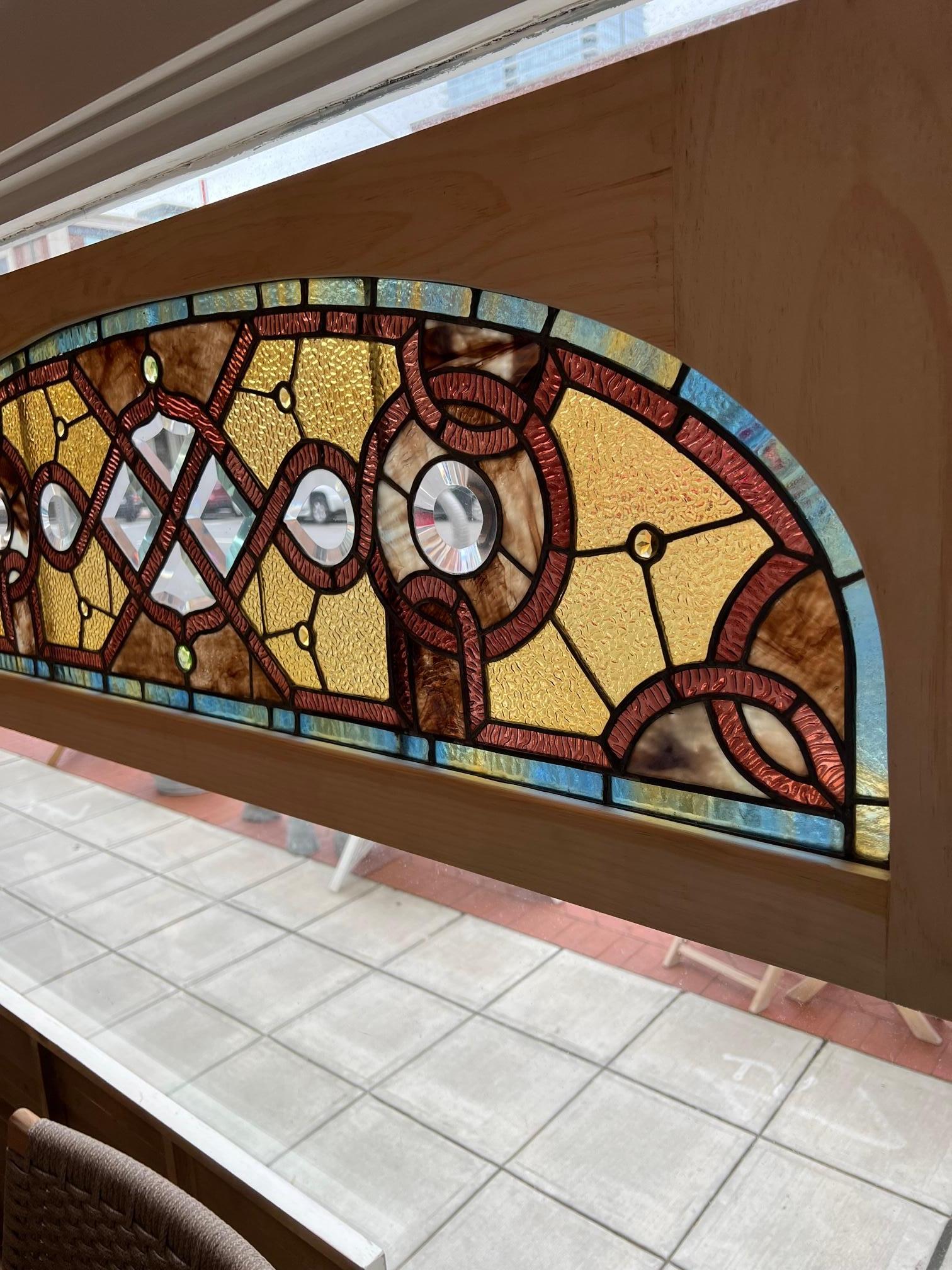 Late 19th Century Antique Arched Stained Glass Transom Window New Wood Frame For Sale 1