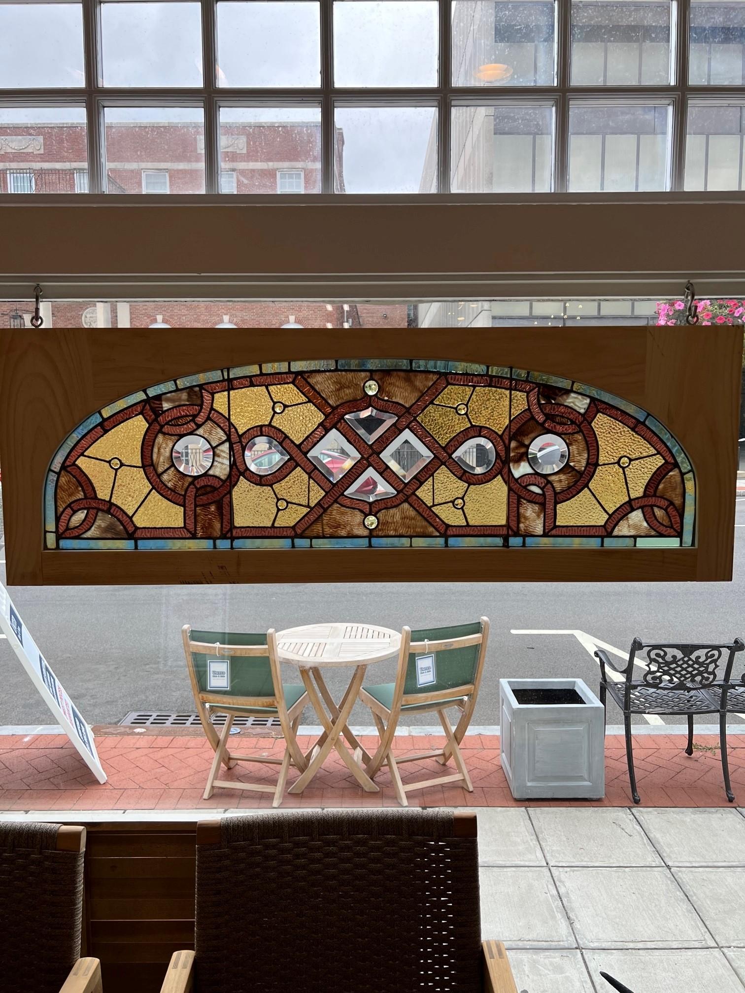 Late 19th Century Antique Arched Stained Glass Transom Window New Wood Frame For Sale 2