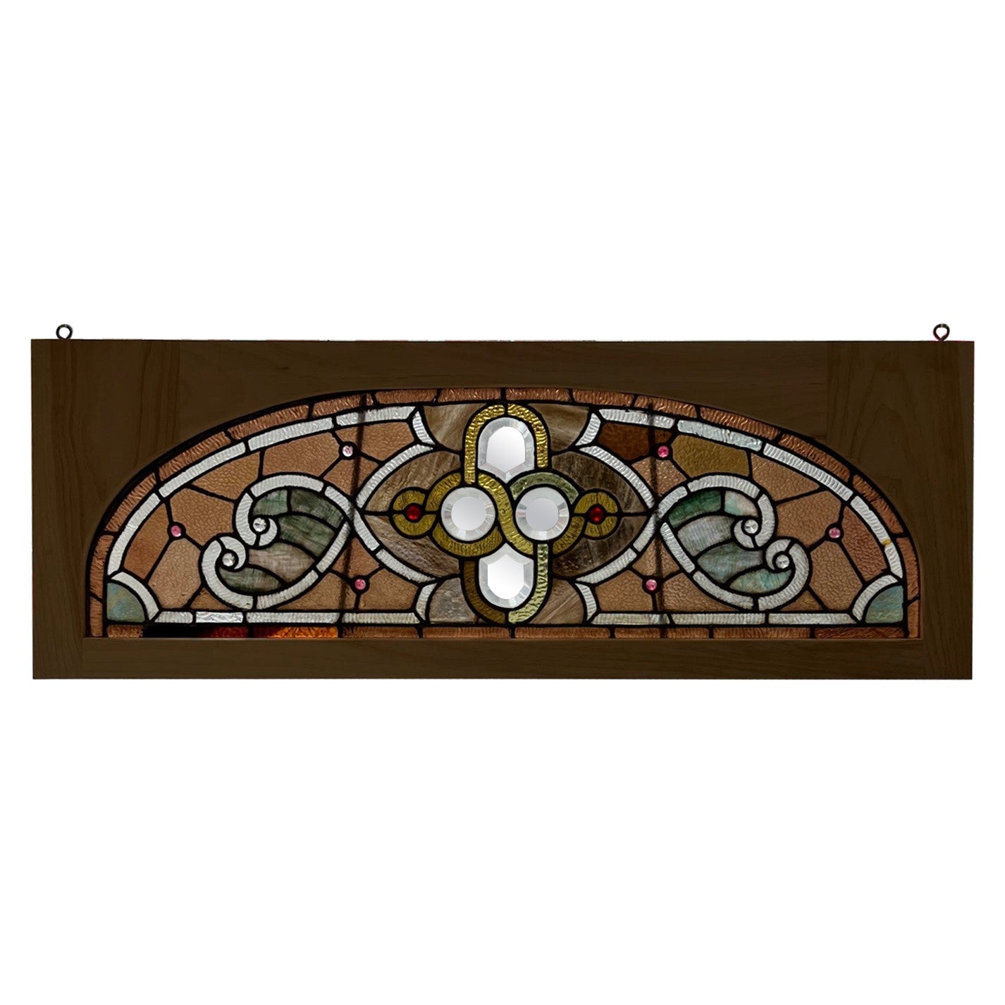 Late 19th Century Antique Arched Stained Glass Transom Window New Wood Frame