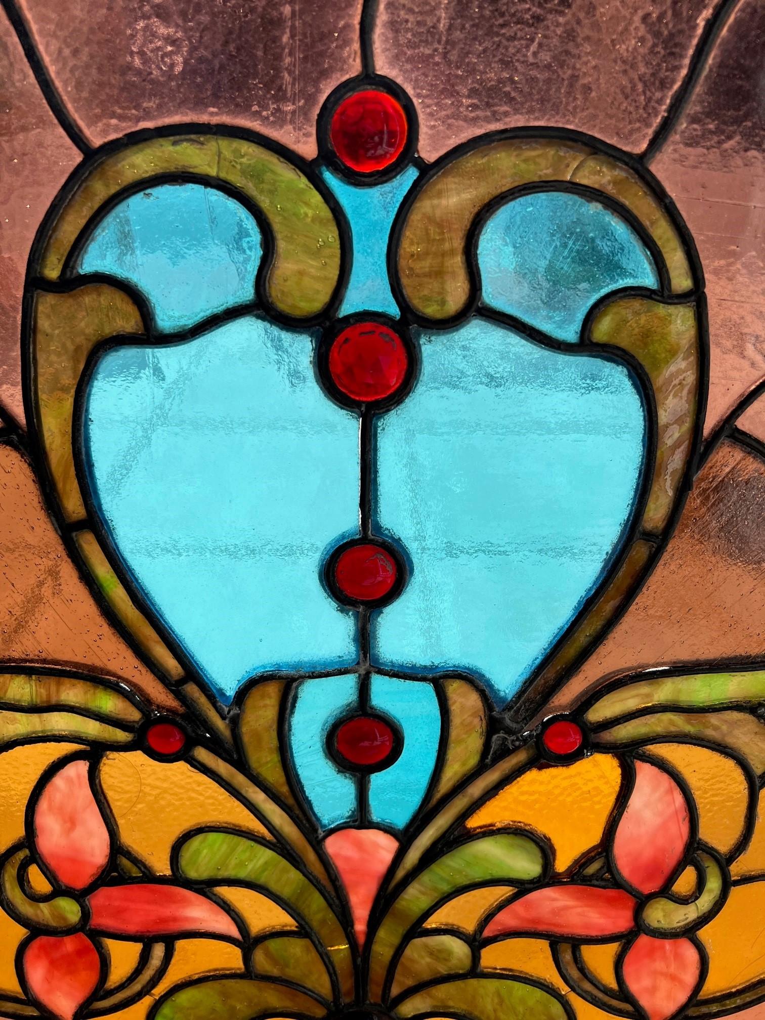 Late 19th Century Antique Arched Stained Glass Window in a New Wood Frame For Sale 3