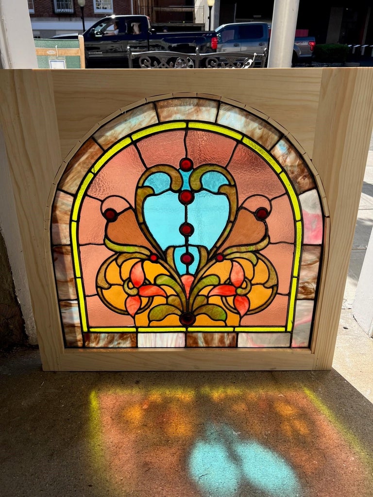 Late 19th Century Antique Arched Stained Glass Window in a New Wood