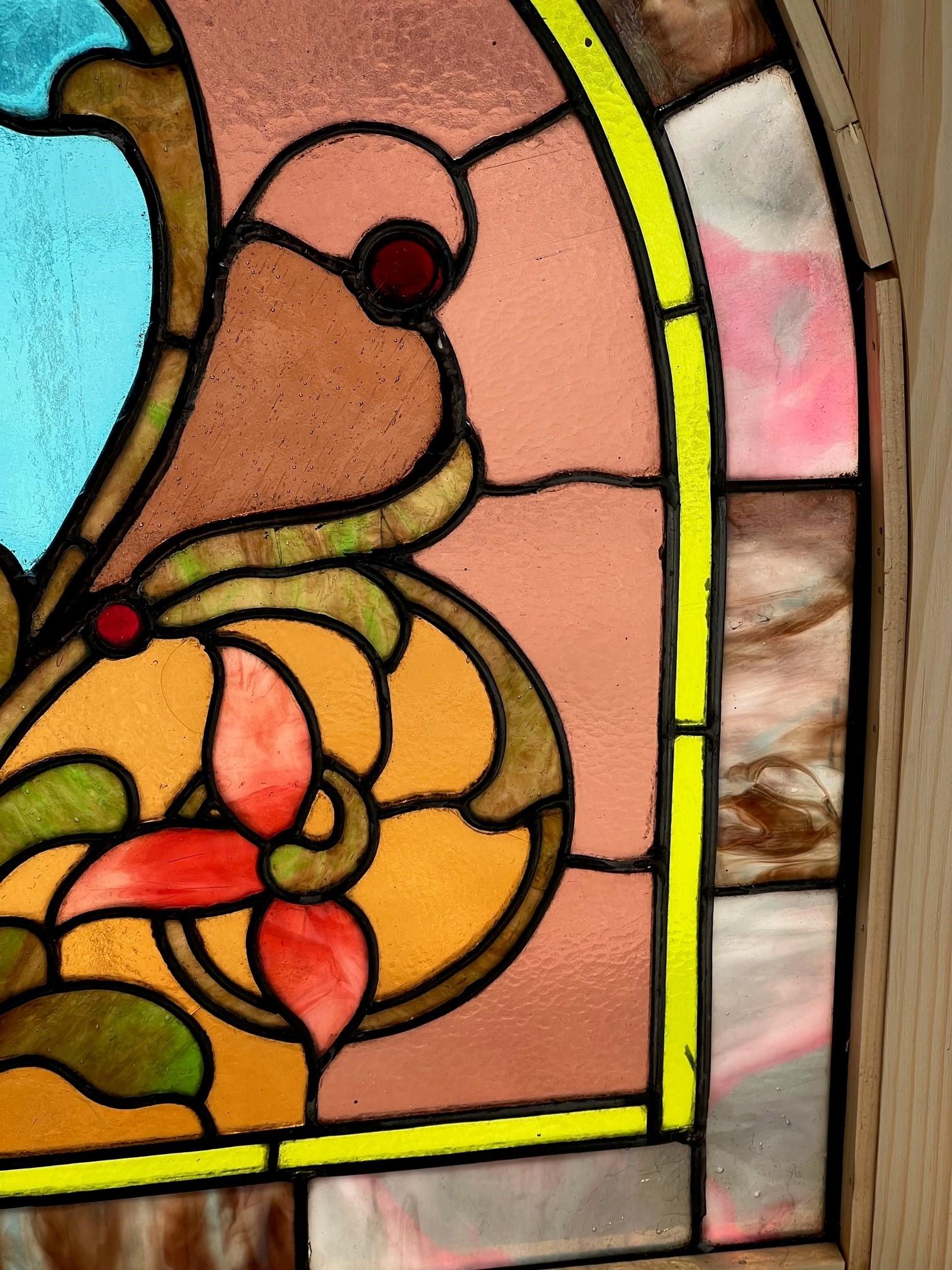 Late 19th Century Antique Arched Stained Glass Window in a New Wood Frame For Sale 8