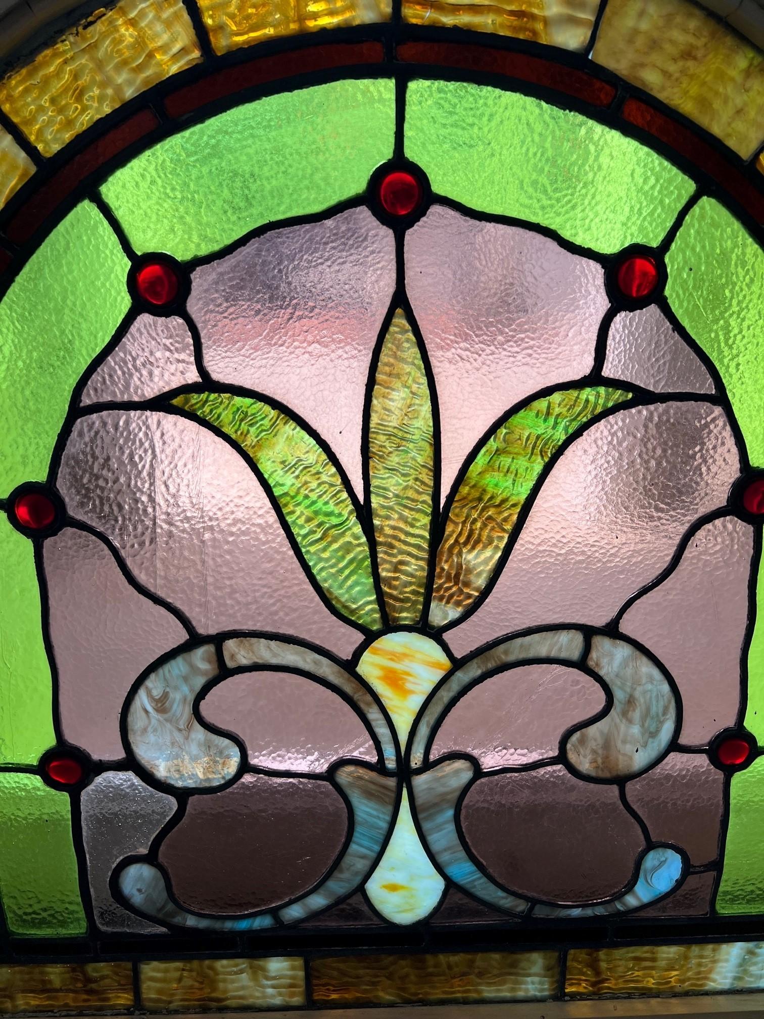 Late 19th Century Antique Arched Stained Glass Window in a New Wood Frame For Sale 1