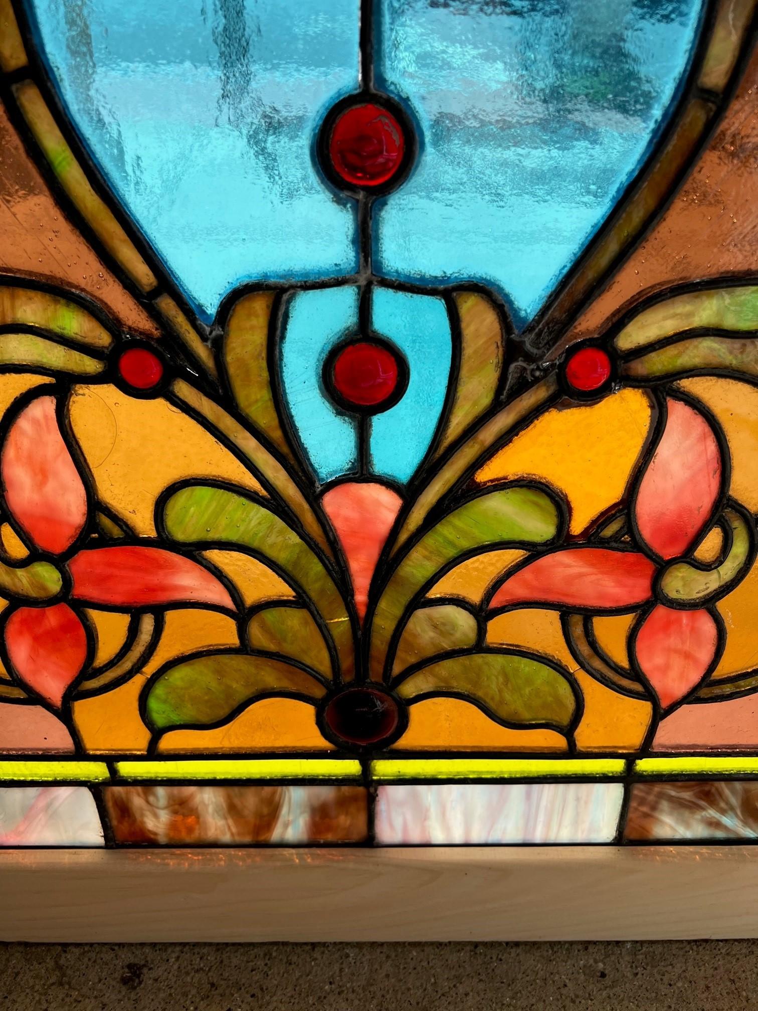 Late 19th Century Antique Arched Stained Glass Window in a New Wood Frame For Sale 2