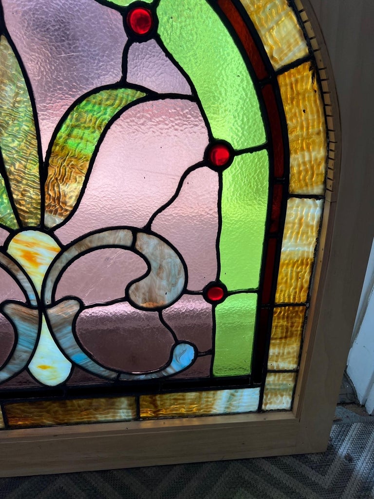 Late 19th Century Antique Arched Stained Glass Window in a New Wood Frame For Sale at 1stDibs