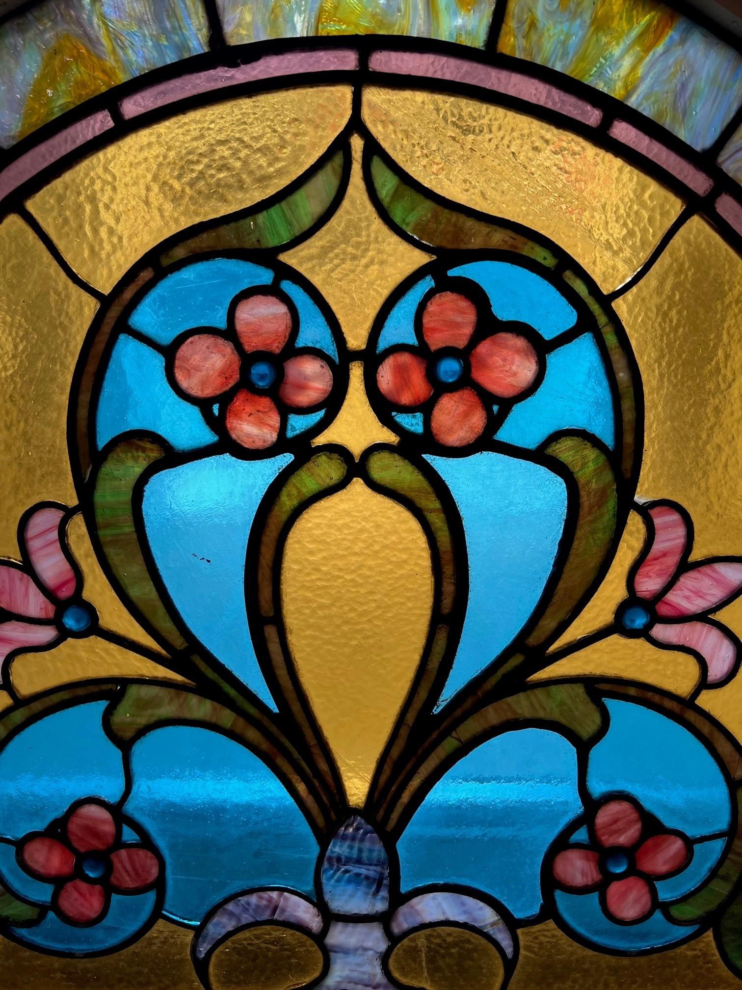 Late 19th Century Antique Arched Stained Glass Window with Flowers & Wood Frame For Sale 3