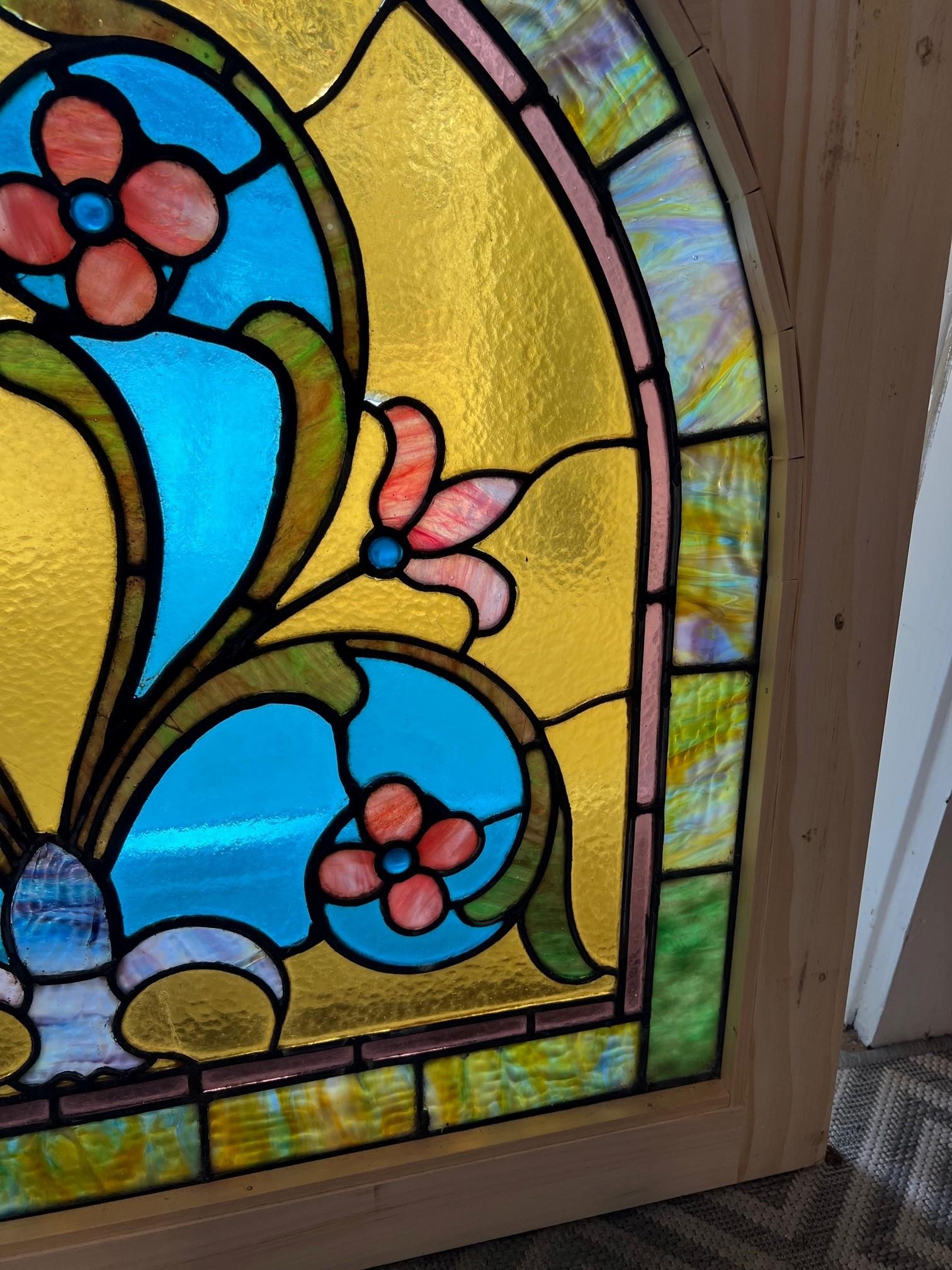 Late 19th Century Antique Arched Stained Glass Window with Flowers & Wood Frame For Sale 5