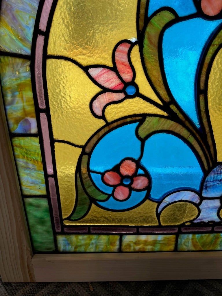 Late 19th Century Antique Arched Stained Glass Window with Flowers and