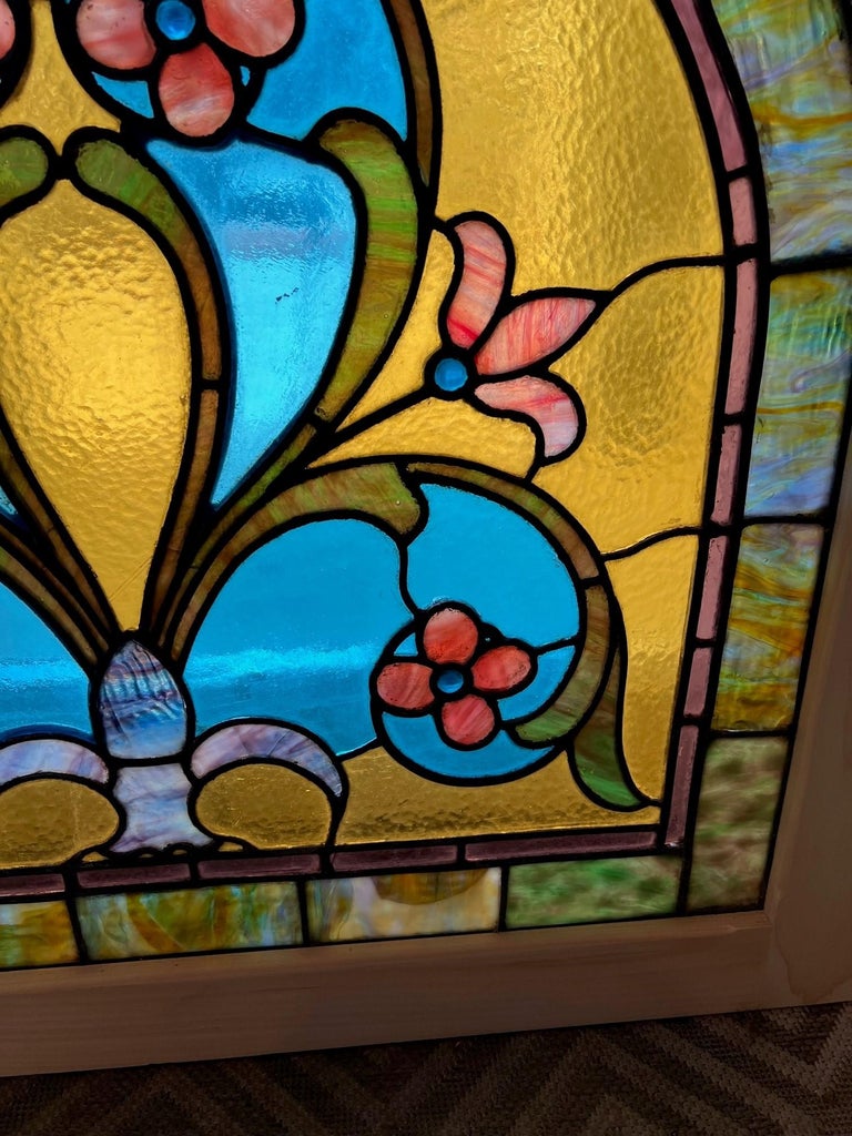 Late 19th Century Antique Arched Stained Glass Window with Flowers and