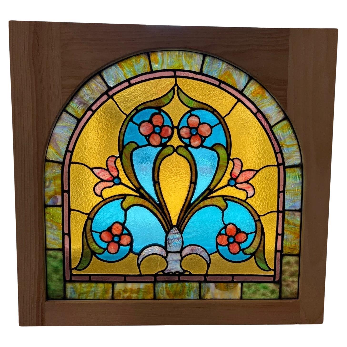 Late 19th Century Antique Arched Stained Glass Window with Flowers & Wood Frame
