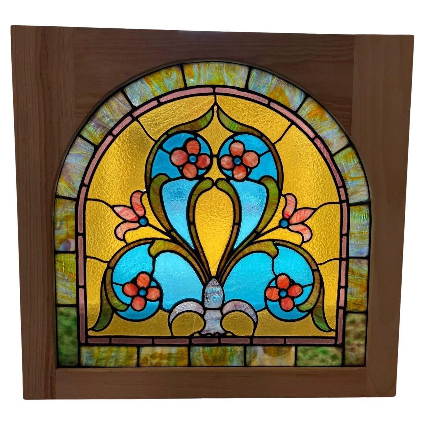 Late 19th Century Antique Arched Stained Glass Window with Flowers and ...