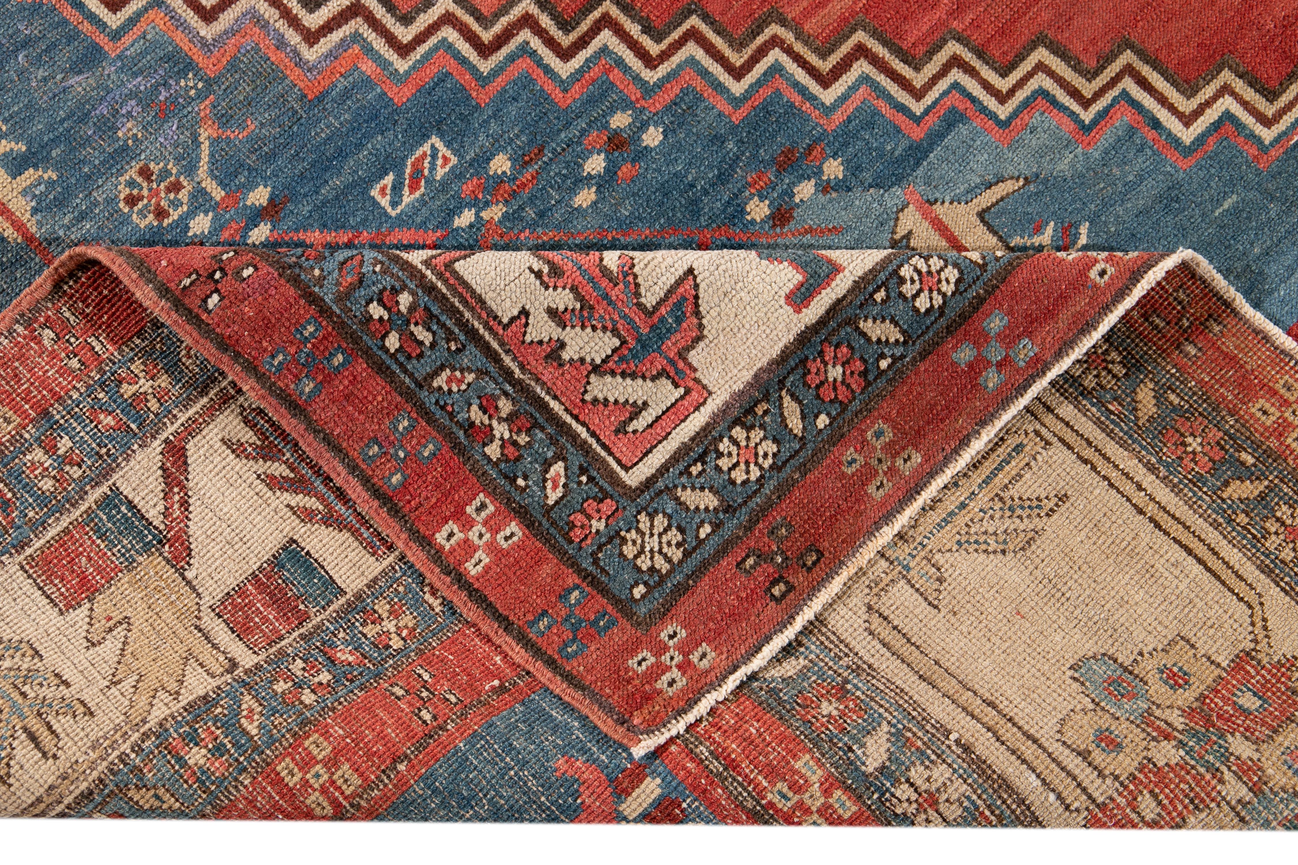19th Century Antique Bakshaish Handmade Blue and Red Wool Rug For Sale 5