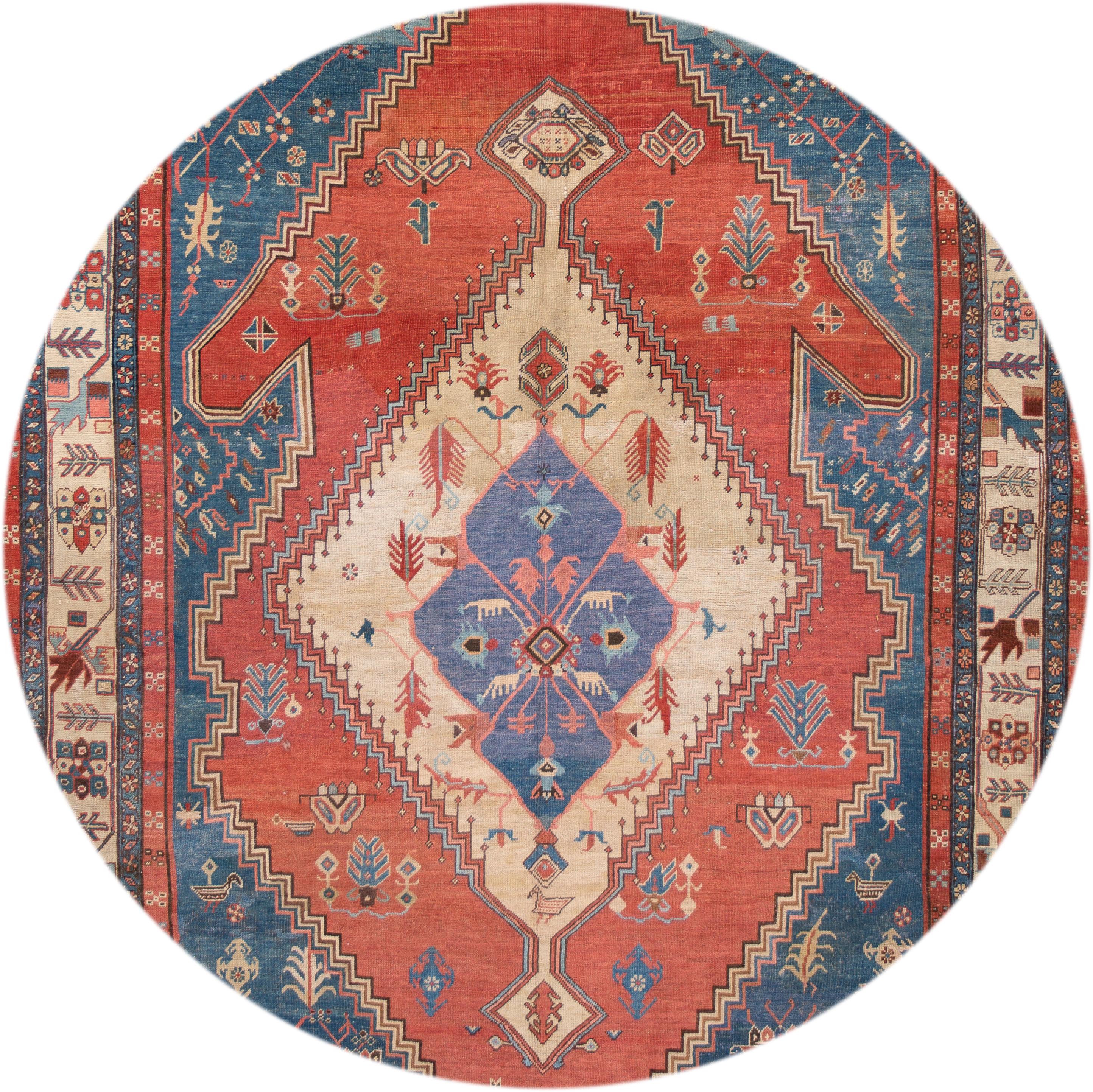 Beautiful antique Persian Bakshaish hand-knotted rug with a blue and rusted field. This Persian rug has beige accents in an all-over Classic medallion design.
circa 1890
This rug measures 7' 6
