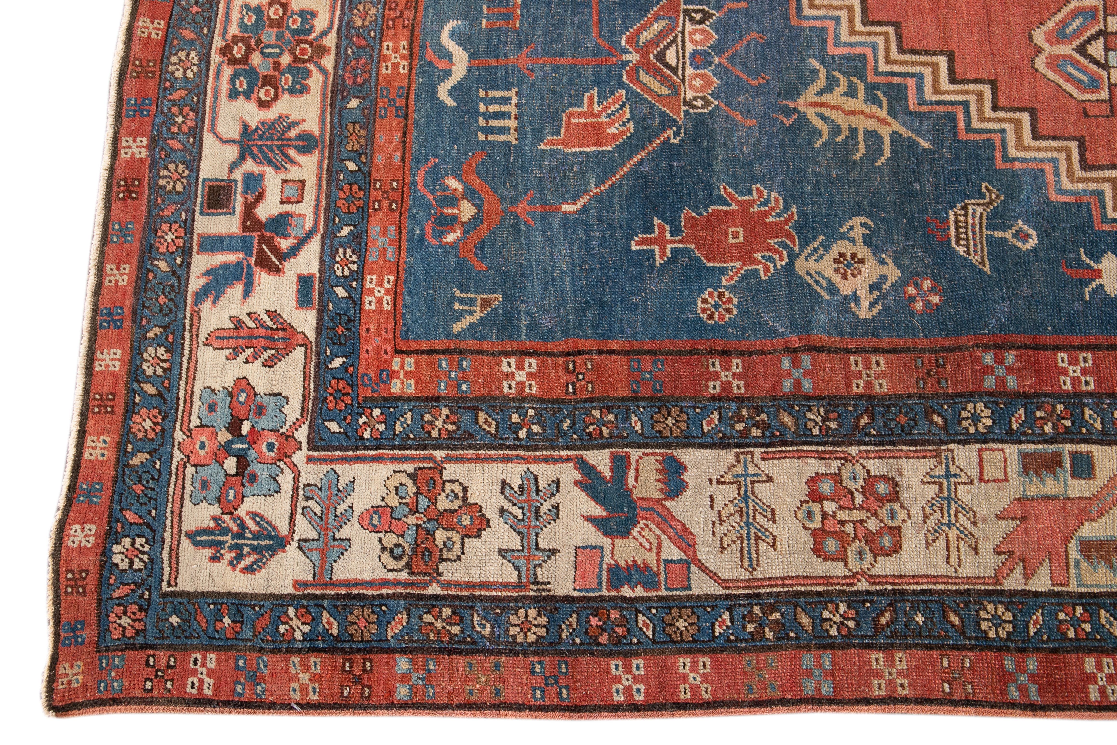 Persian 19th Century Antique Bakshaish Handmade Blue and Red Wool Rug For Sale