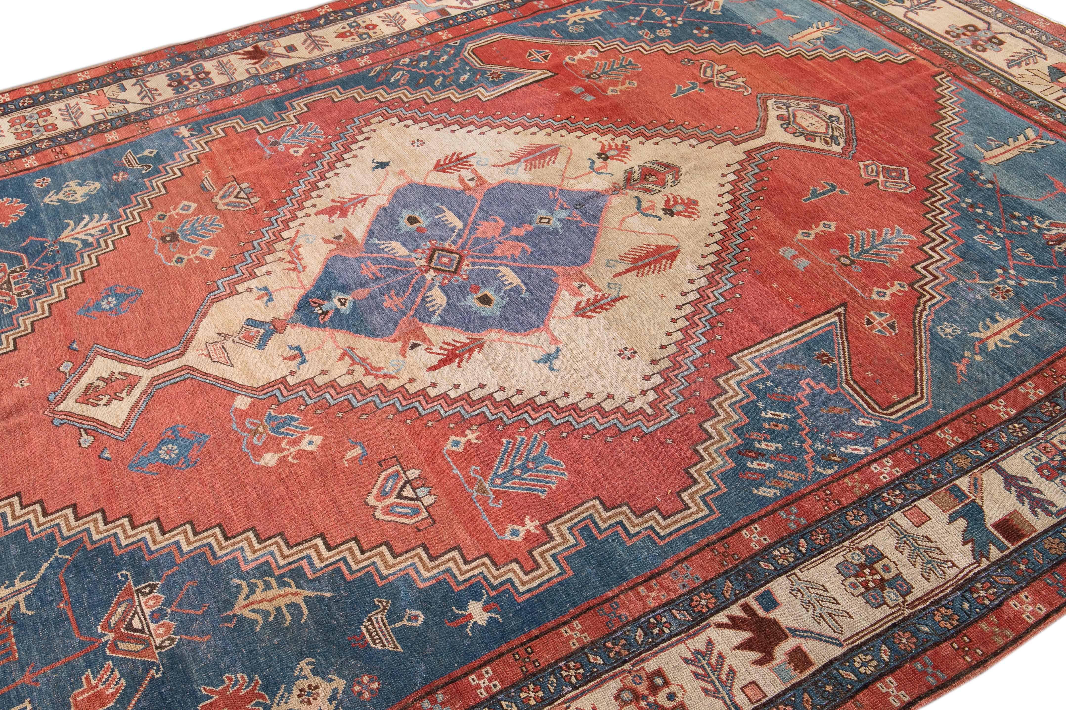Hand-Knotted 19th Century Antique Bakshaish Handmade Blue and Red Wool Rug For Sale