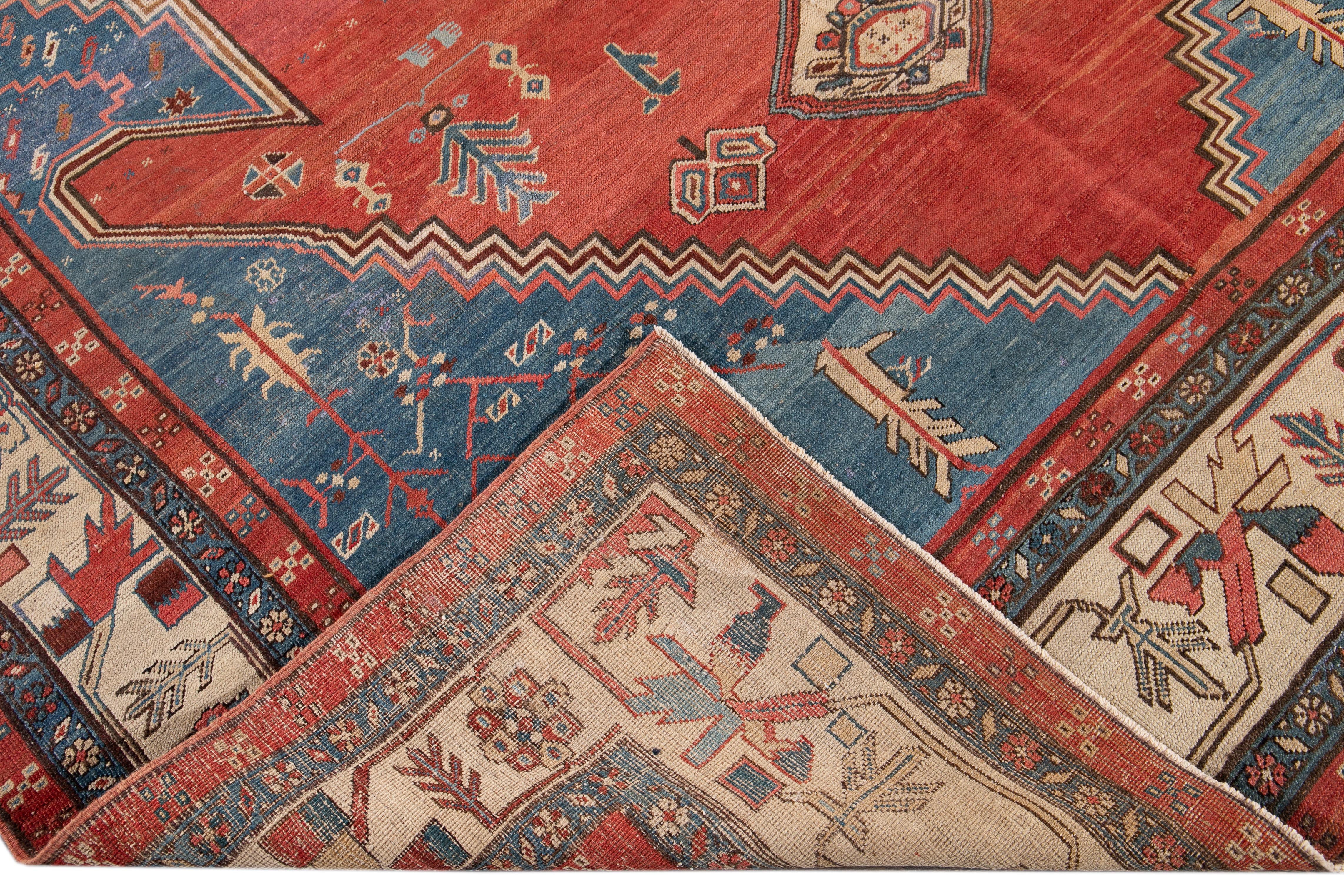 19th Century Antique Bakshaish Handmade Blue and Red Wool Rug For Sale 1