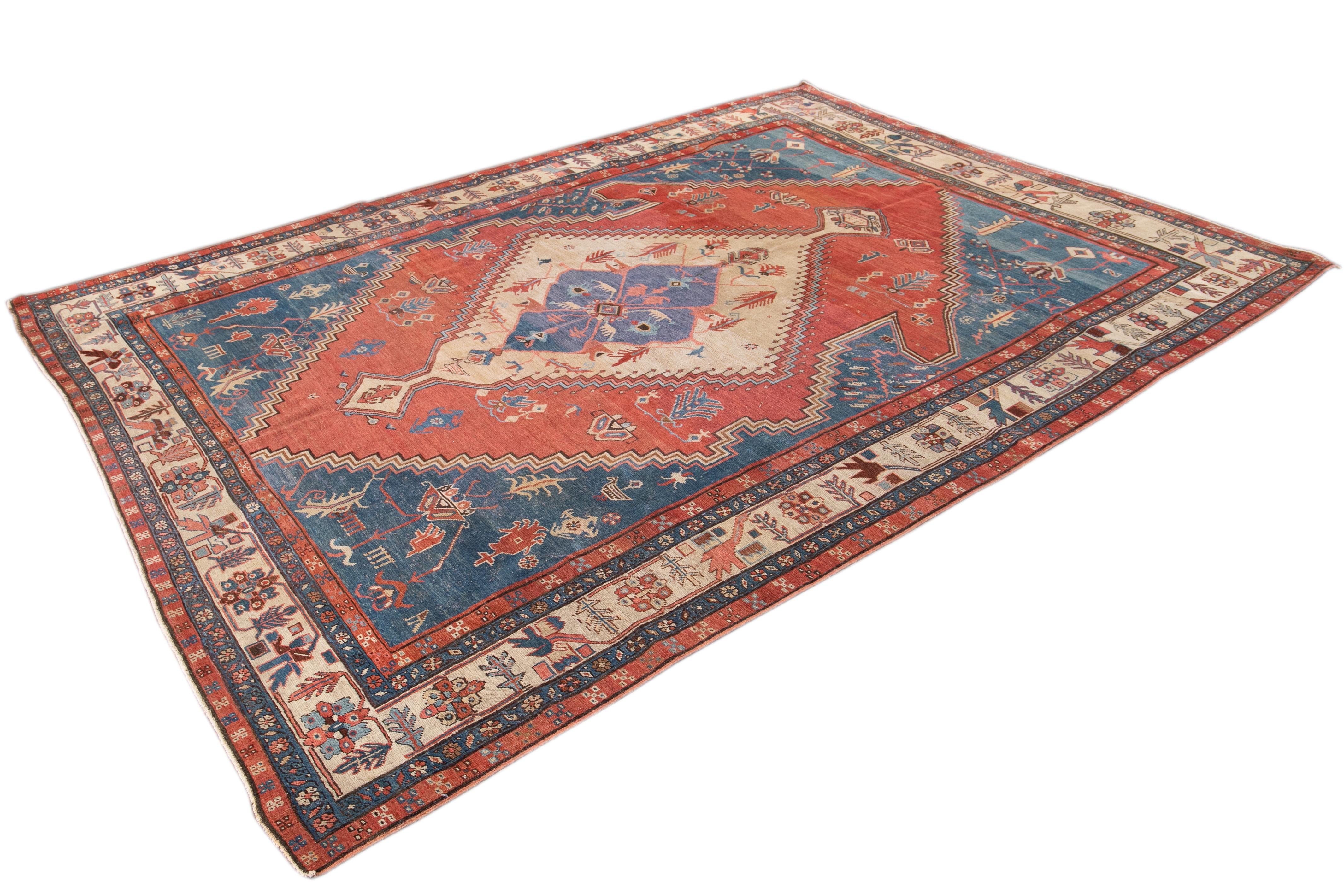 19th Century Antique Bakshaish Handmade Blue and Red Wool Rug For Sale 2