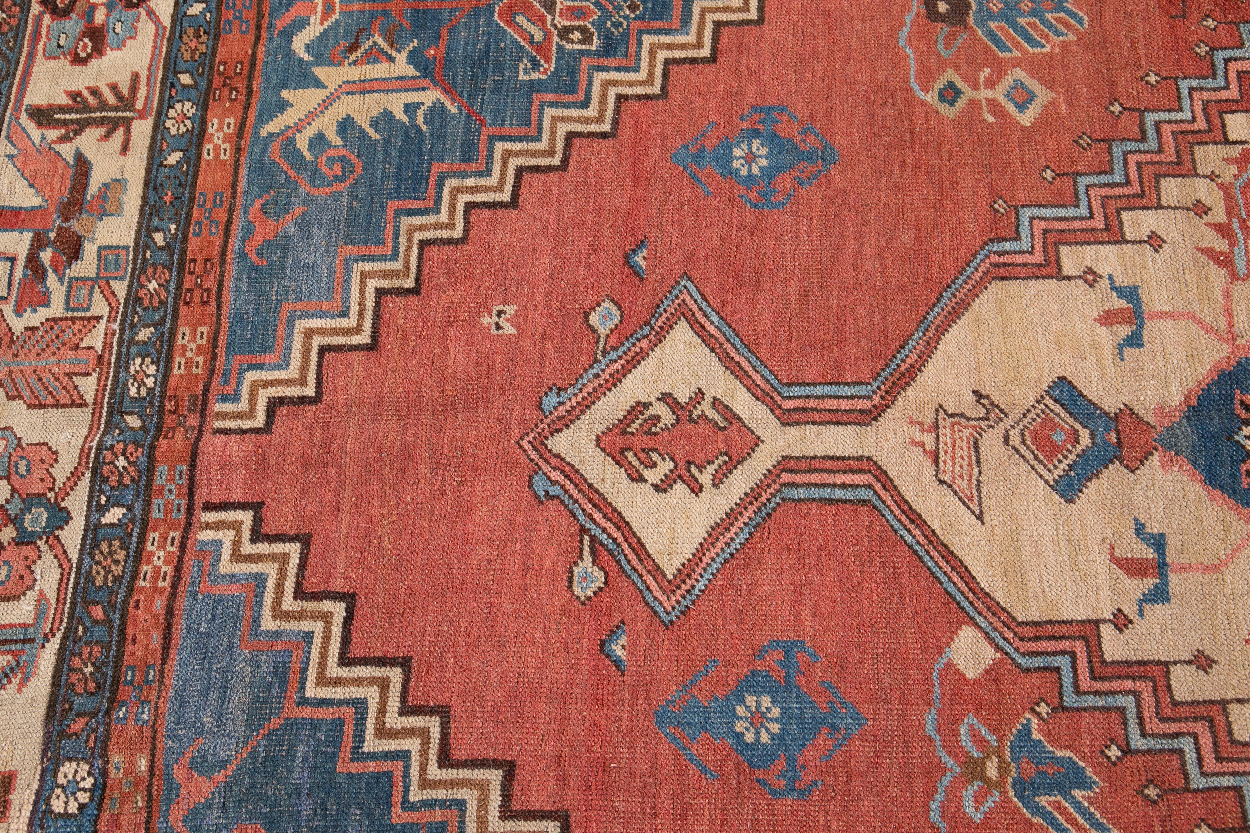 19th Century Antique Bakshaish Handmade Blue and Red Wool Rug For Sale 3