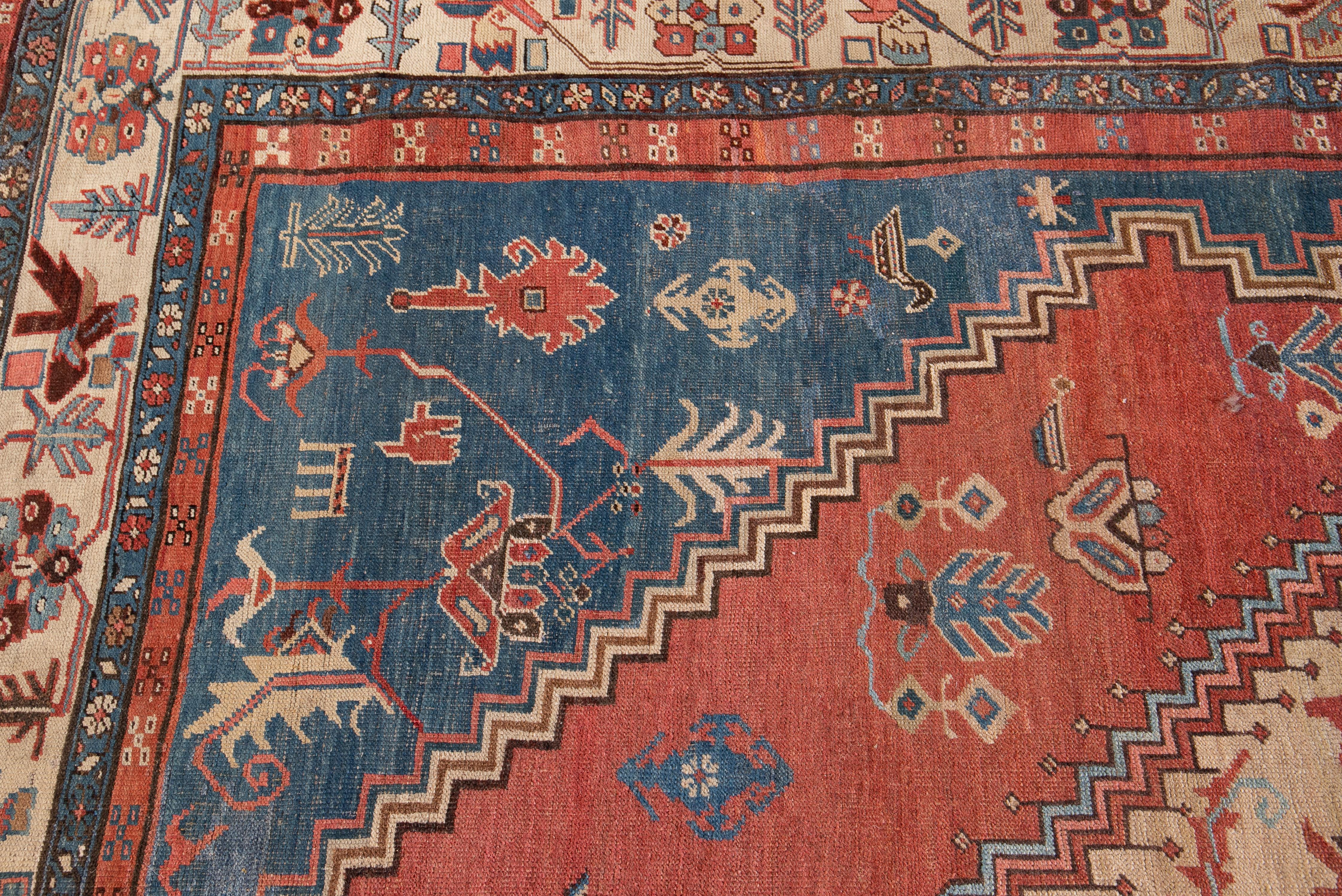 19th Century Antique Bakshaish Handmade Blue and Red Wool Rug For Sale 4