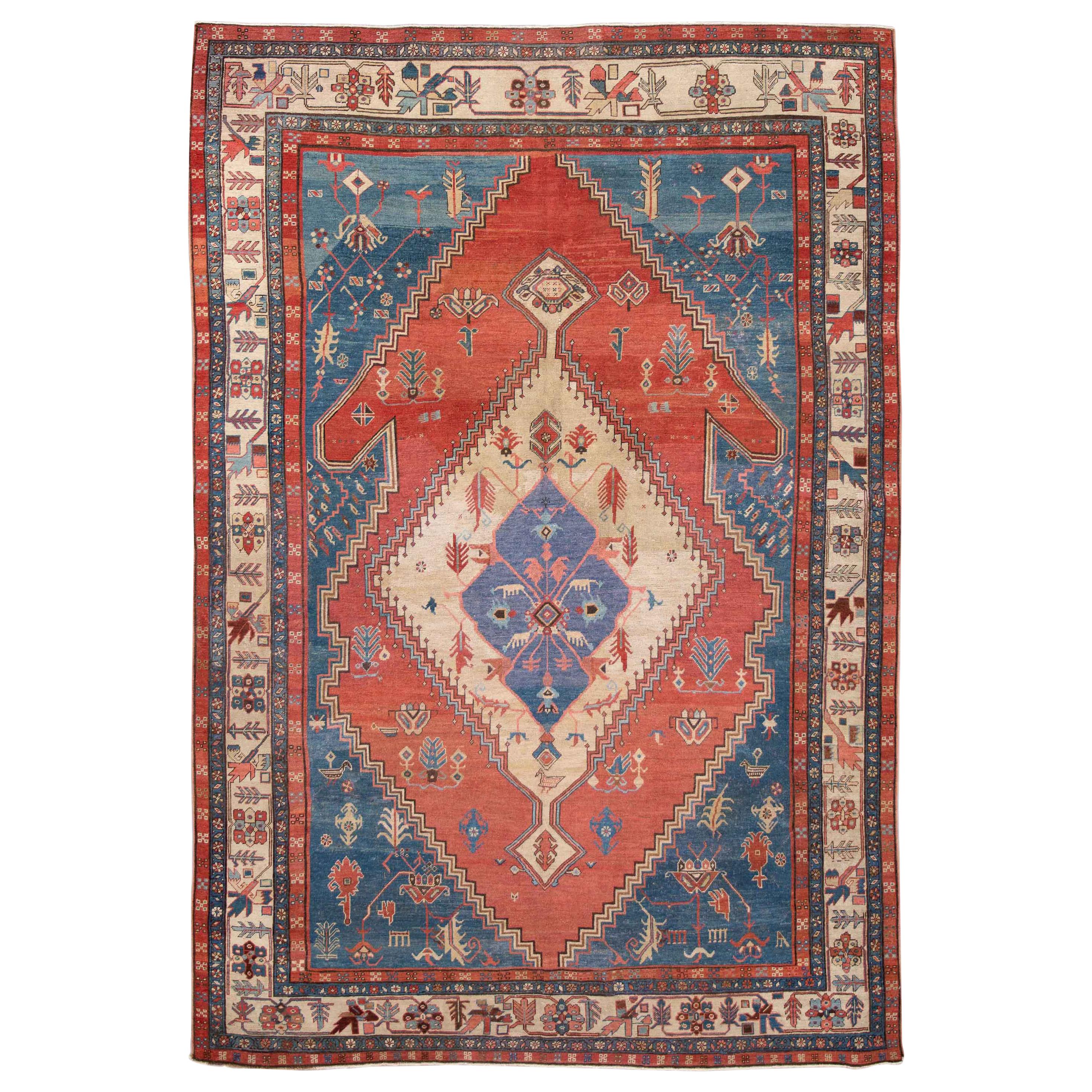 19th Century Antique Bakshaish Handmade Blue and Red Wool Rug For Sale