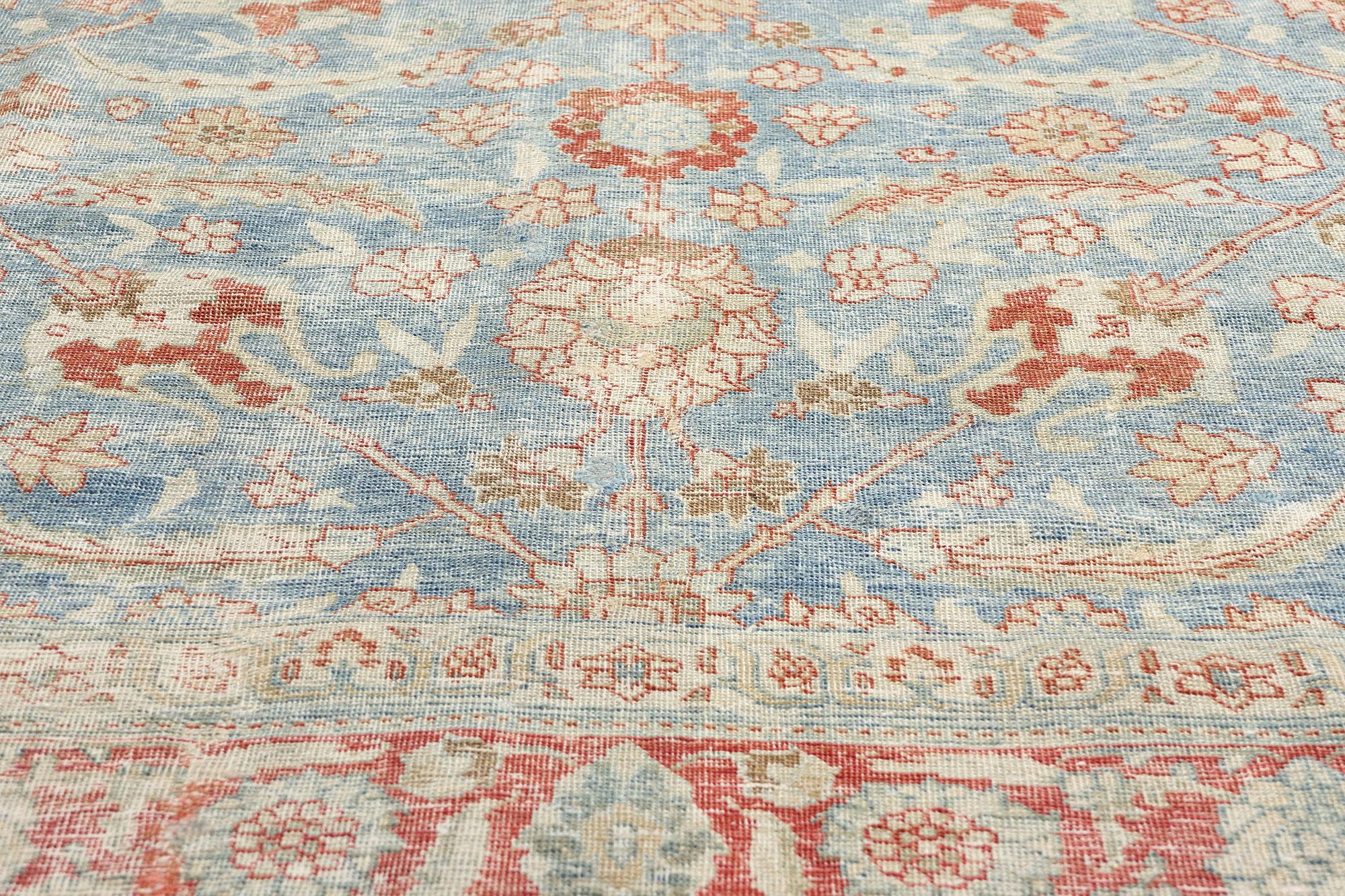 Late  19th Century Antique Blue Persian Tabriz Carpet In Distressed Condition For Sale In Dallas, TX