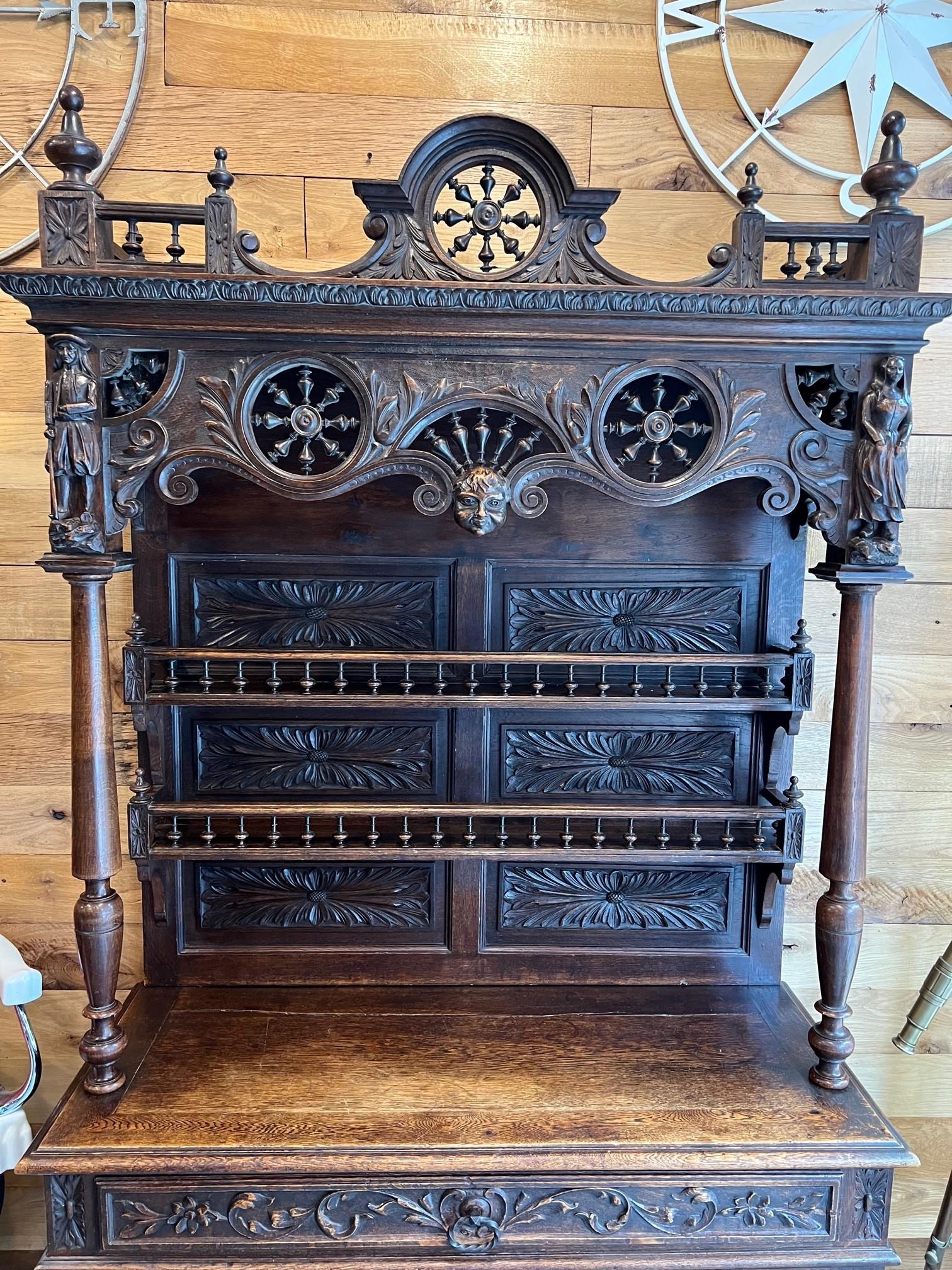 Late 19th Century Antique Brittney Style Carved Wood French Cabinet, Hutch In Good Condition In Stamford, CT