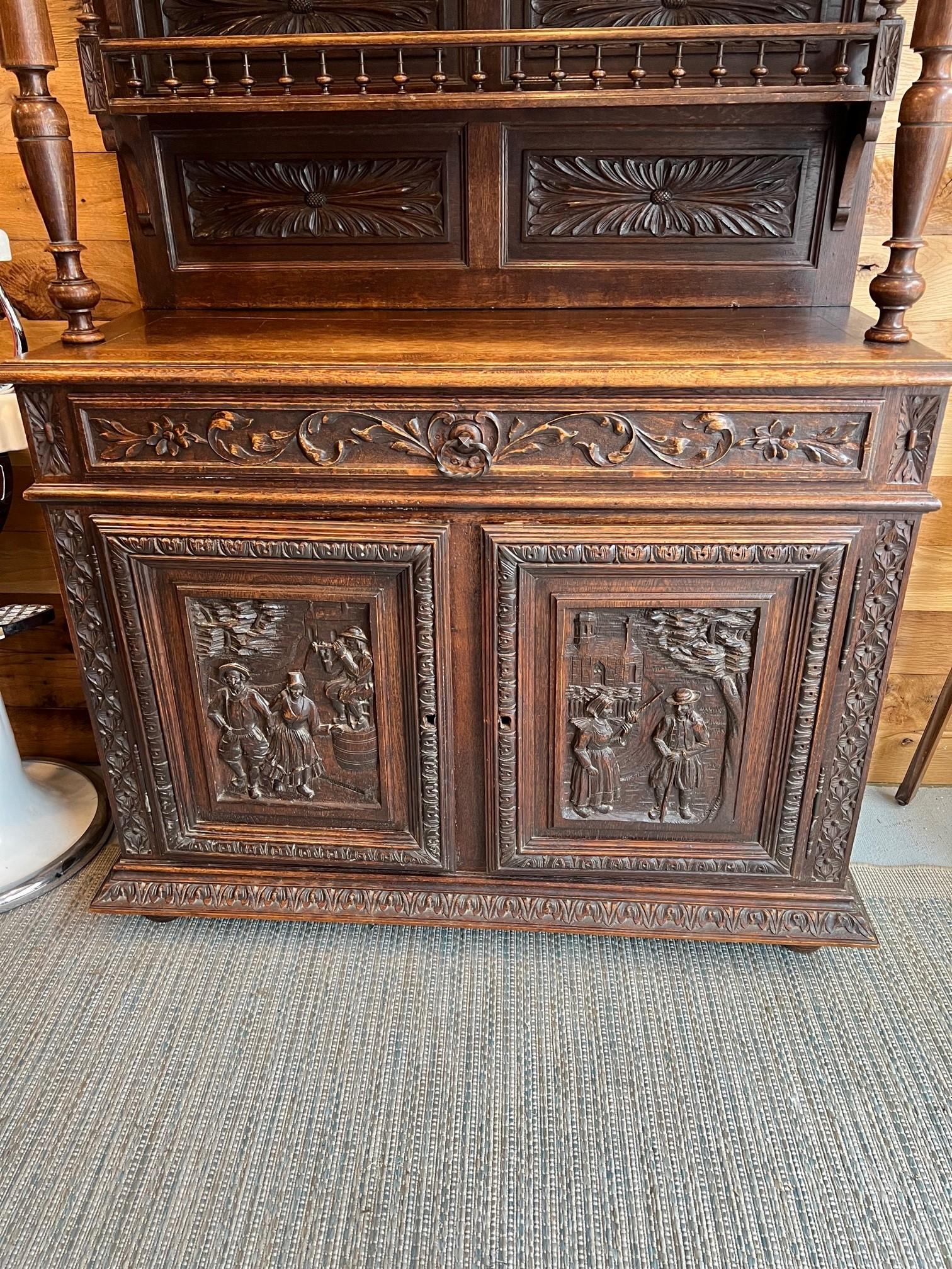 Late 19th Century Antique Brittney Style Carved Wood French Cabinet, Hutch In Fair Condition For Sale In Stamford, CT