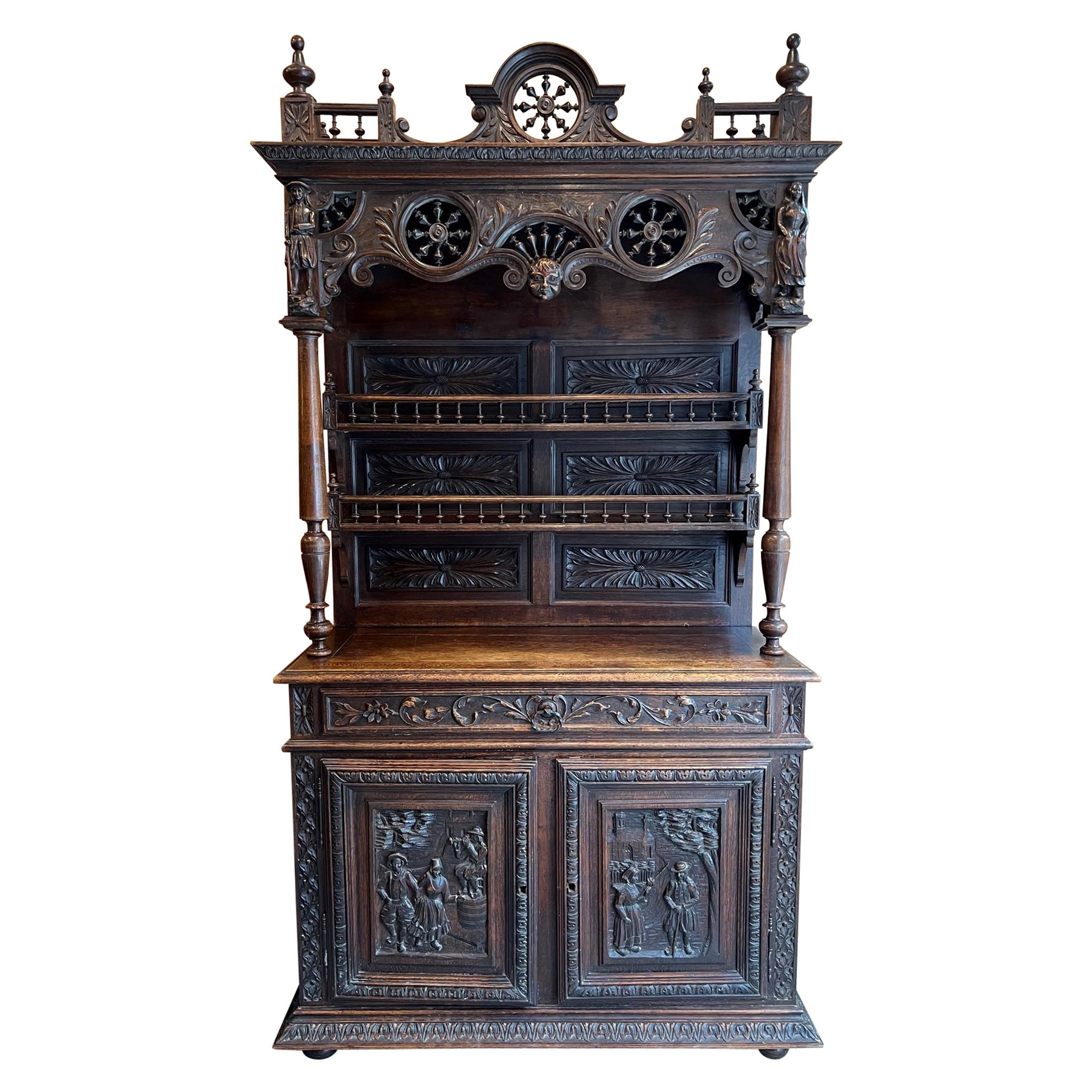 Late 19th Century Antique Brittney Style Carved Wood French Cabinet, Hutch