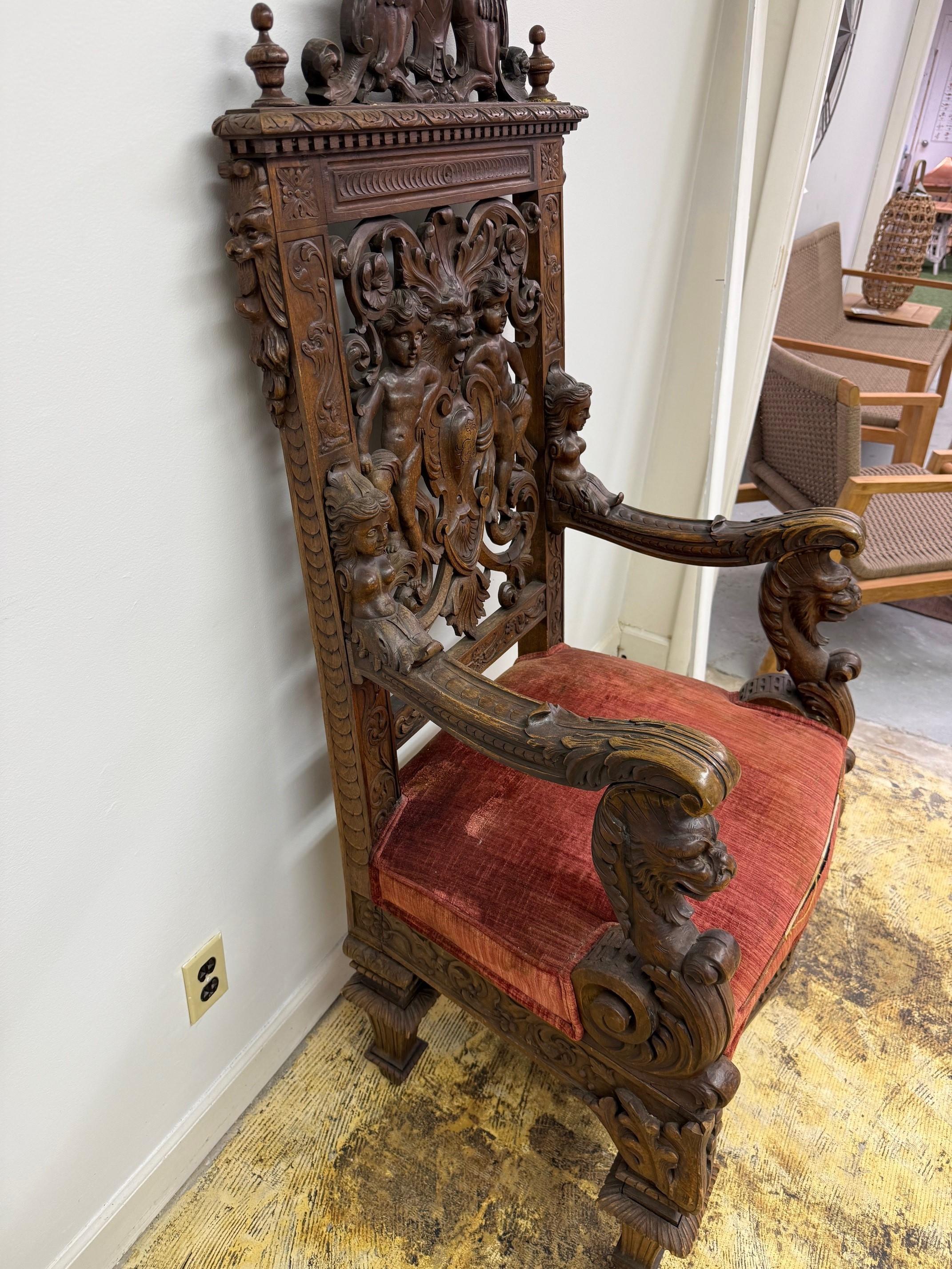 Late 19th Century Antique Carved Wood Throne Chair For Sale 9