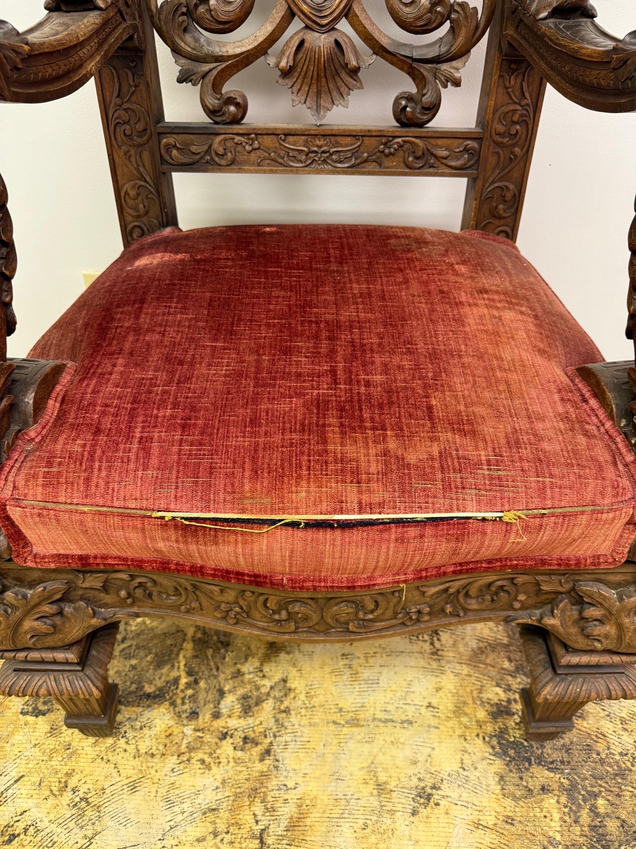 Late 19th Century Antique Carved Wood Throne Chair For Sale 13