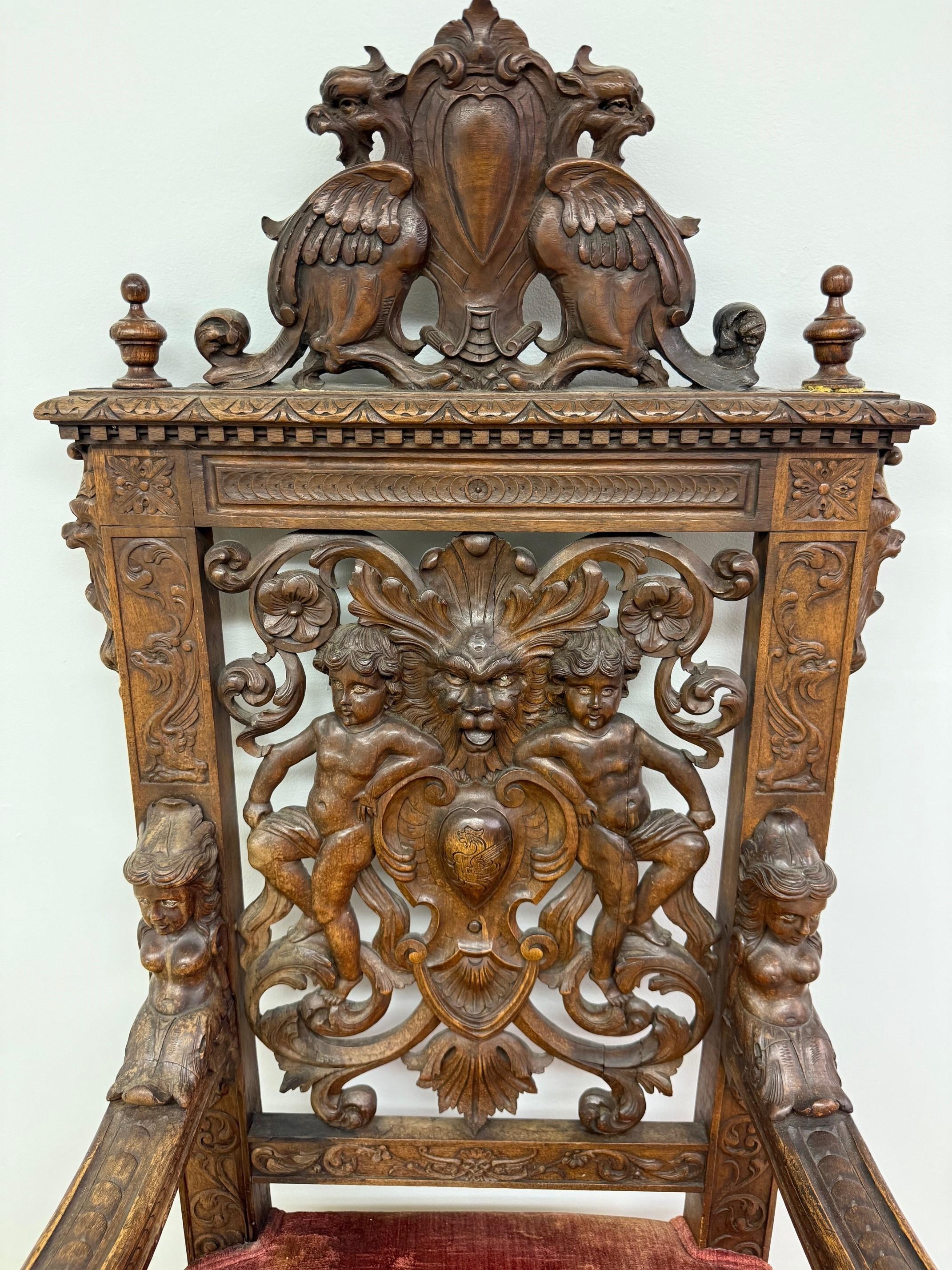 Late 19th Century Antique Carved Wood Throne Chair In Fair Condition For Sale In Stamford, CT