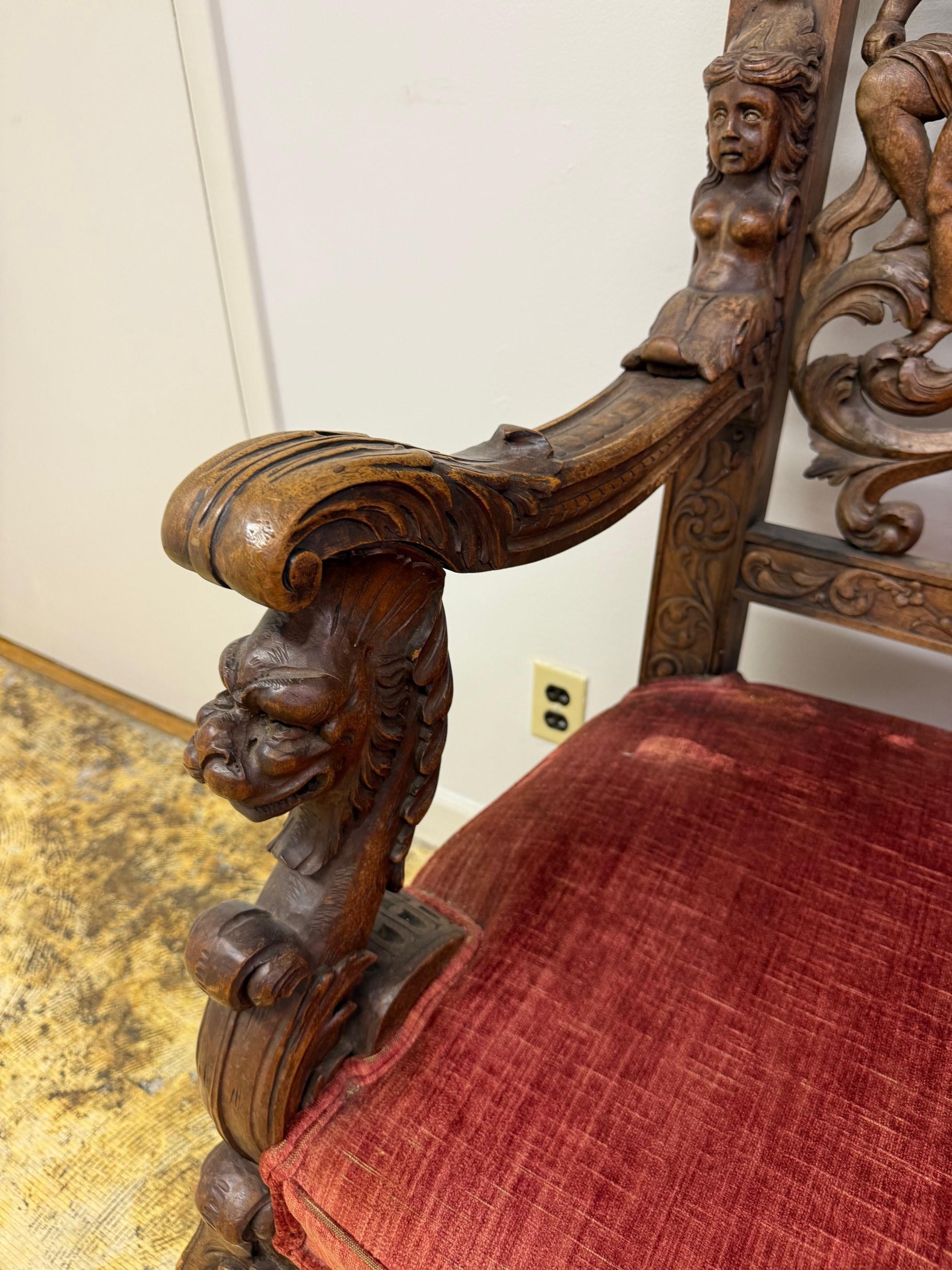 Late 19th Century Antique Carved Wood Throne Chair For Sale 3