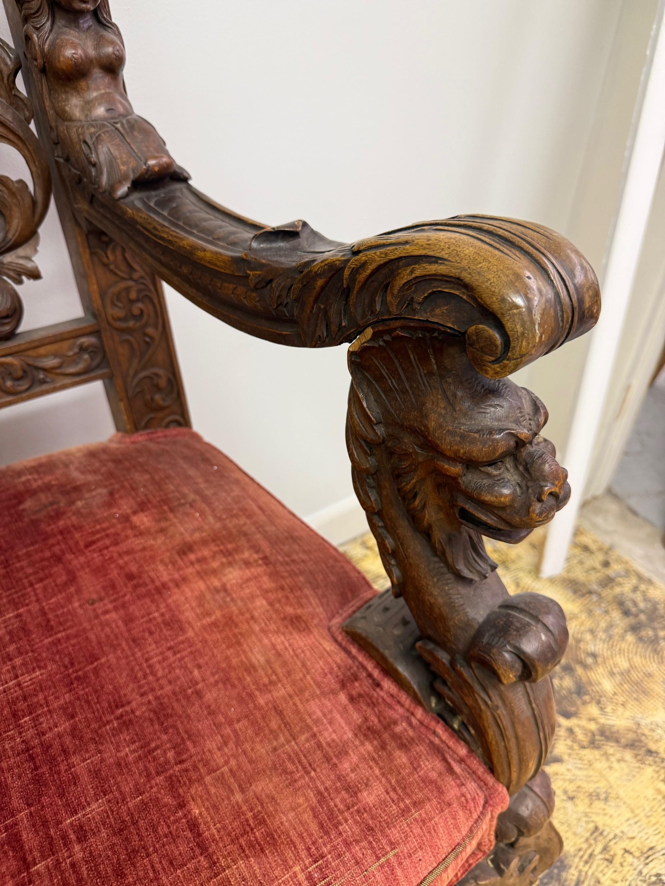 Late 19th Century Antique Carved Wood Throne Chair For Sale 4