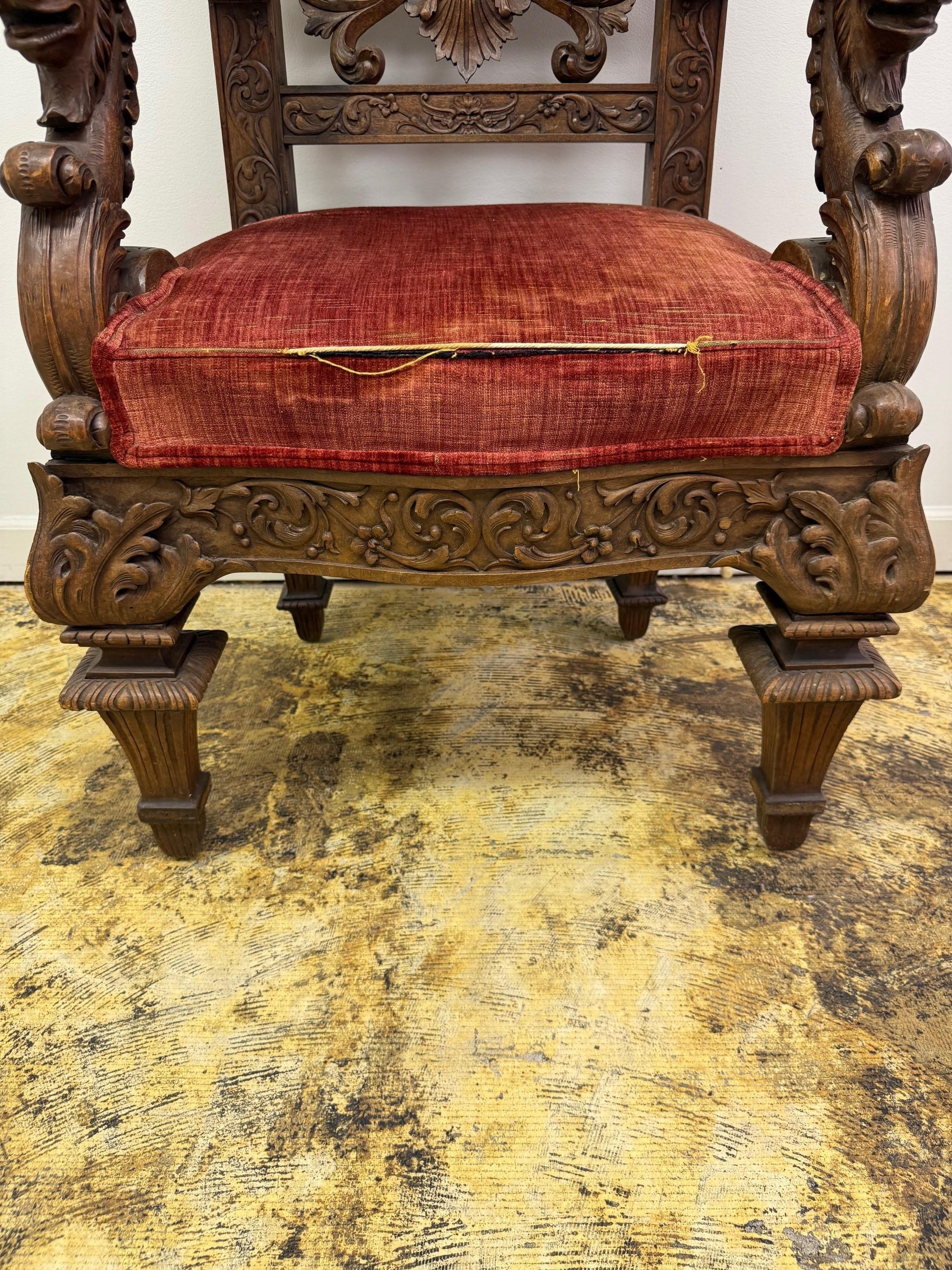 Late 19th Century Antique Carved Wood Throne Chair For Sale 5
