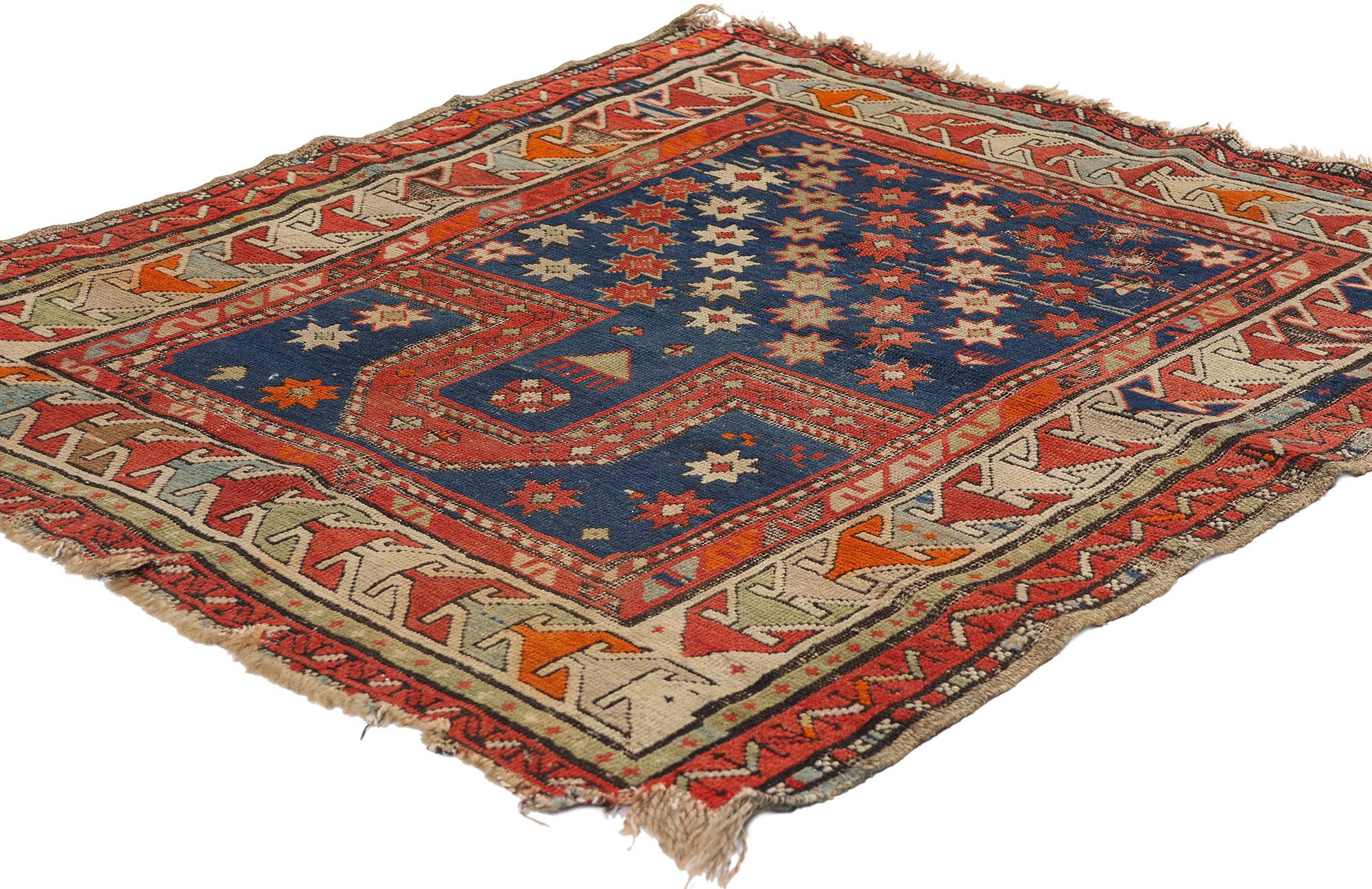 78977 Late 19th Century Antique Caucasian Kazak Prayer Rug, 03'04 x 03'10. This hand-knotted wool antique Caucasian Kazak Prayer rug from the 1880s transports us to a time when craftsmanship and spirituality were interwoven into everyday life. With
