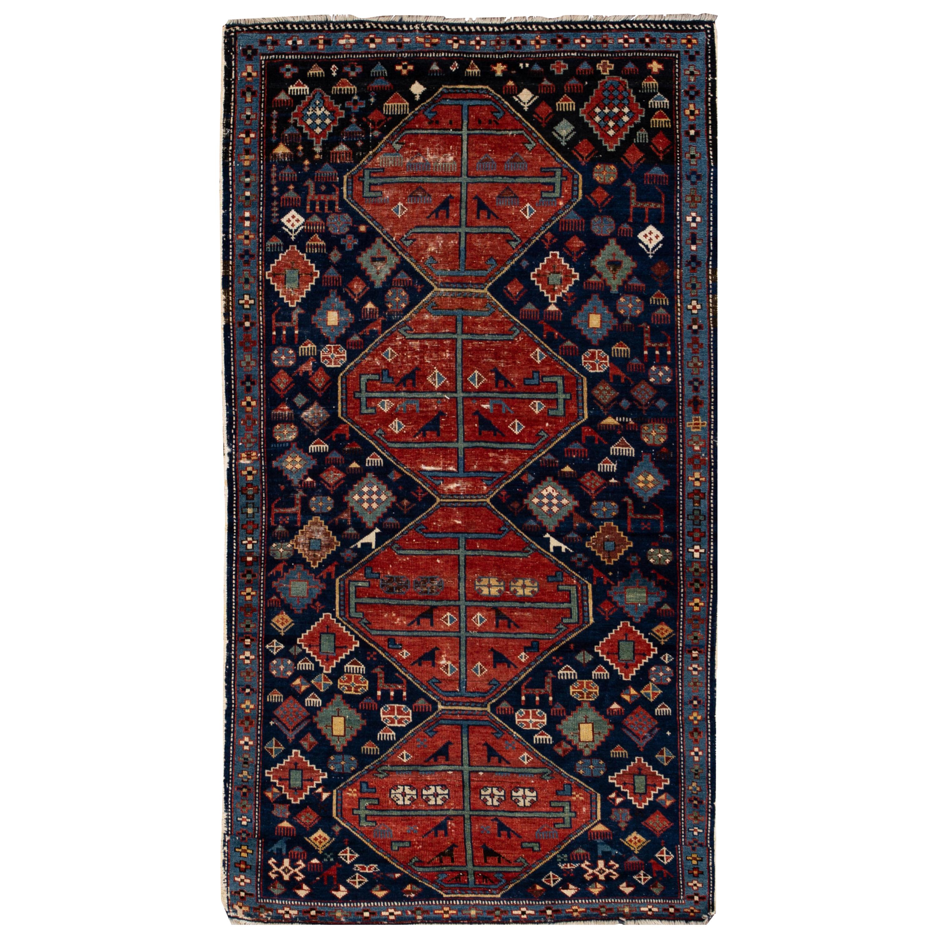 Late 19th Century Antique Caucasian Scatter Wool Rug For Sale