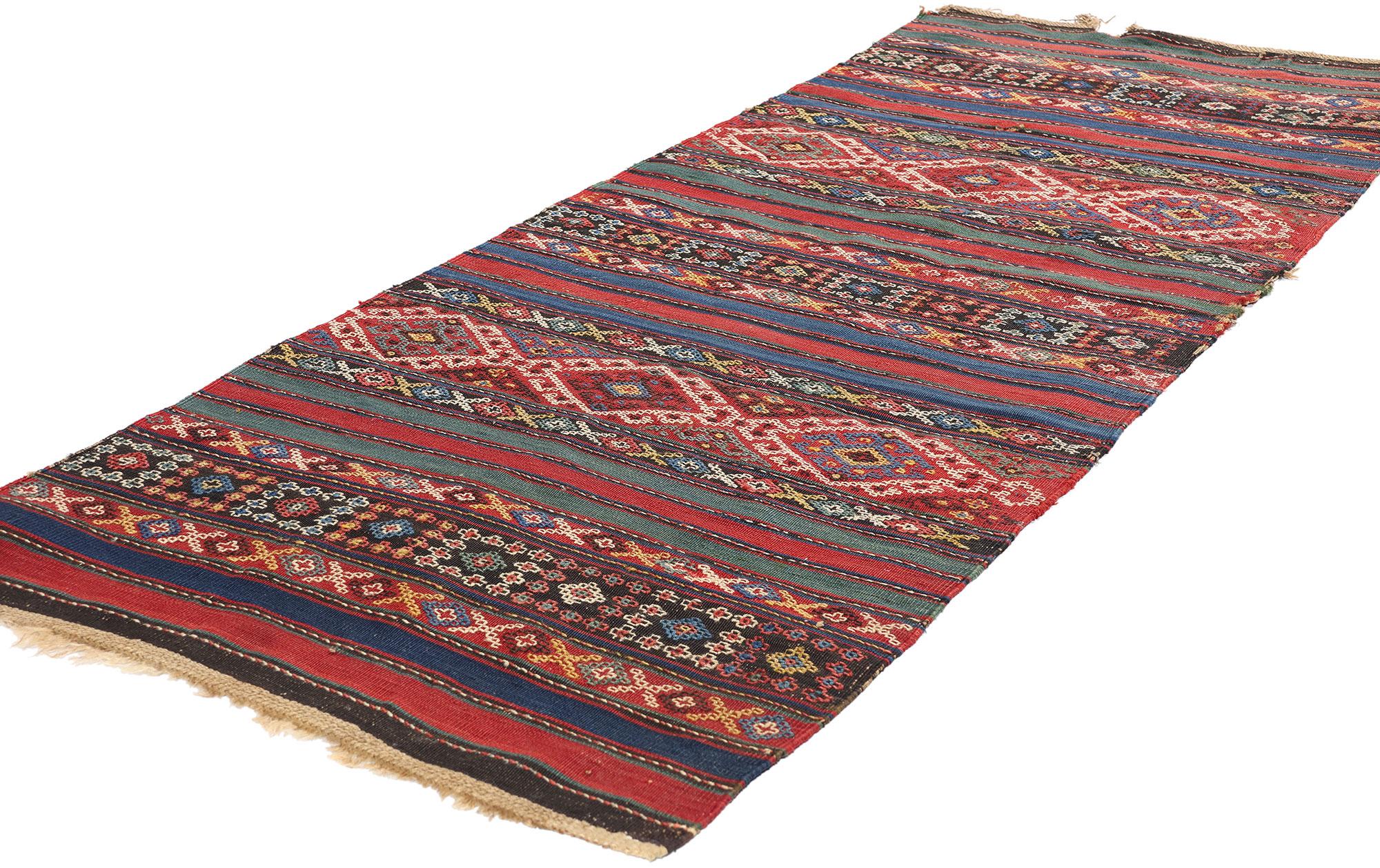 78943 Antiker kaukasischer Shahsavan Jajim Kilim Teppich, 02'06 x 06'09. Dieser handgewebte Wollteppich aus dem Kaukasus, ein seltenes und schönes Stück aus dem späten 19. Jahrhundert, ist ein Zeugnis der bemerkenswerten Kunstfertigkeit des