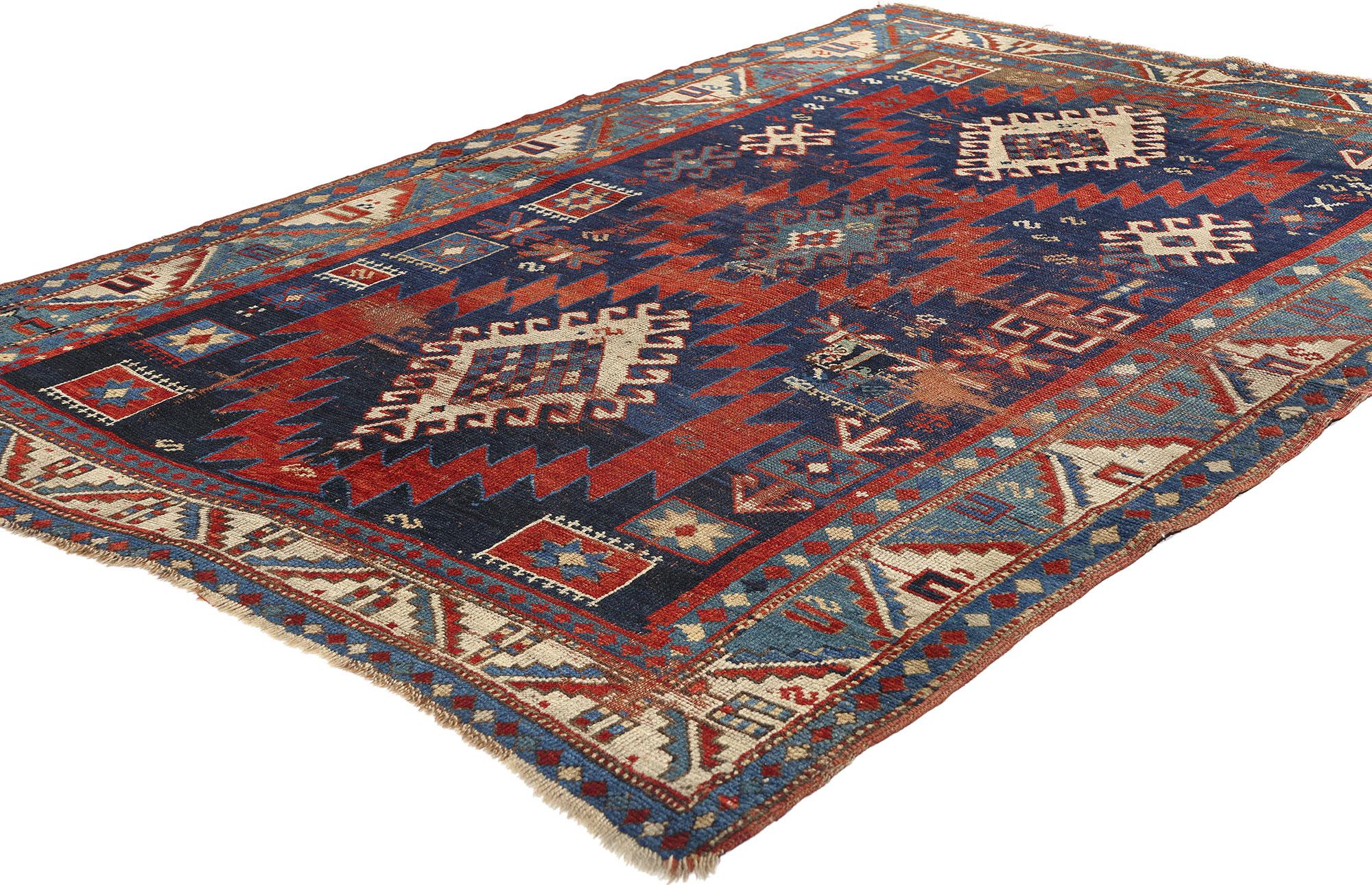 78210 Antique Caucasian Kazak Rug, 04'06 x 06'06. Caucasian Kazak rugs, originating from the Caucasus region and particularly associated with the Kazakh people, represent a rich tradition of handwoven craftsmanship. These rugs are celebrated for