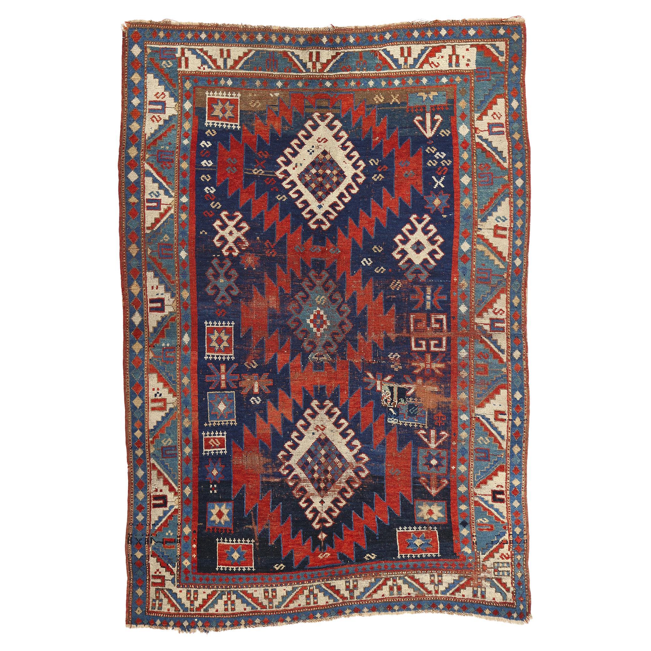 Late 19th Century Antique Caucasian Tribal Kazak Rug Caucasus Region For Sale