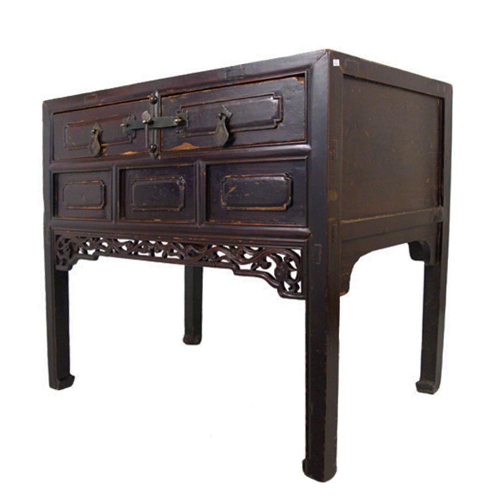 This beautiful carved Table has lot of detailed deep/raised carving works on the front and open carved works on the bottom. This table features two big drawers with antique hardware. Both sides and back are finished. It was made at about 1850's -
