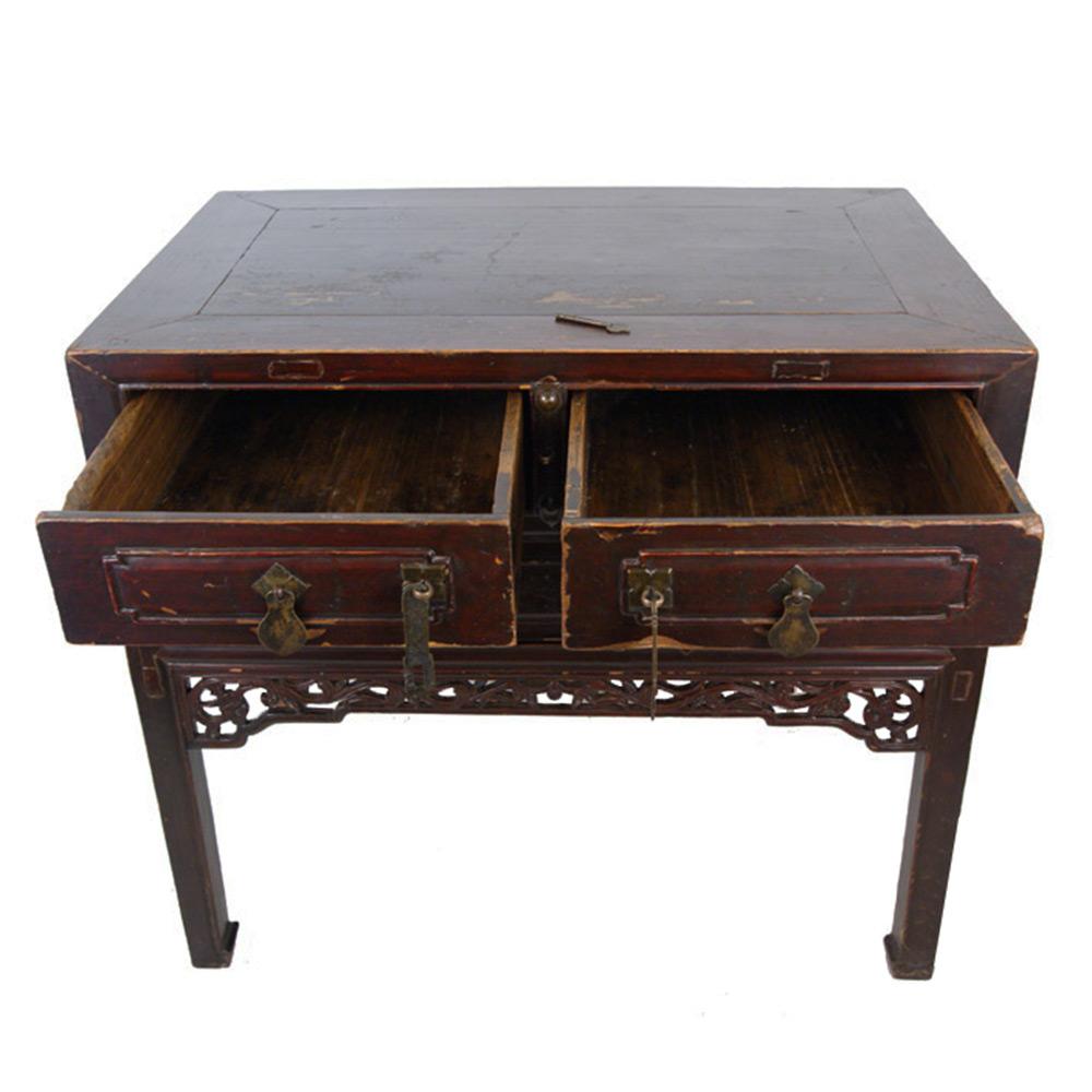 Chinese Export Late 19th Century Antique Chinese 2-Drawer Carved Side Table For Sale