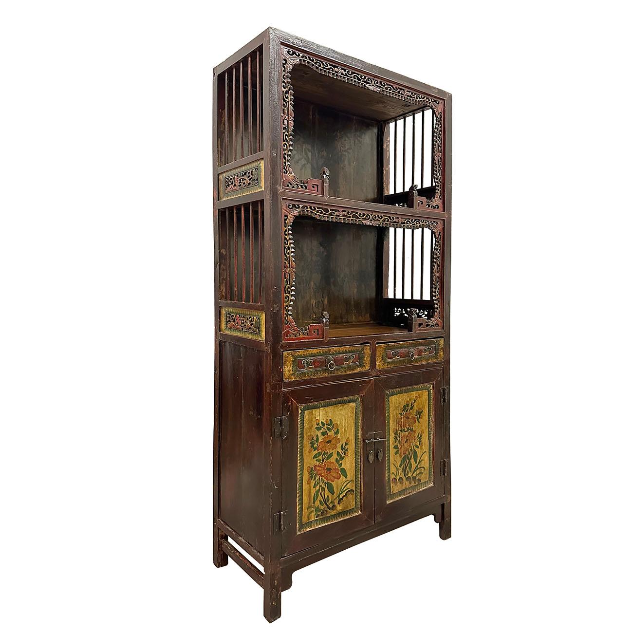 

Very well constructed with two removable open doors cabinet and have coordinated antiqued hardware.
This beautiful carved Display Cabinet/dresser has lot of detailed open carving works on the front and side. It has open carving works around the