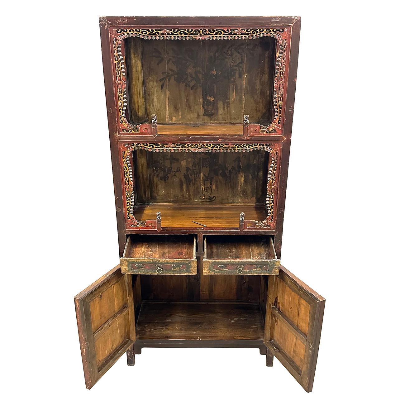 Chinese Export Late 19th Century Antique Chinese Carved Display Cabinet For Sale