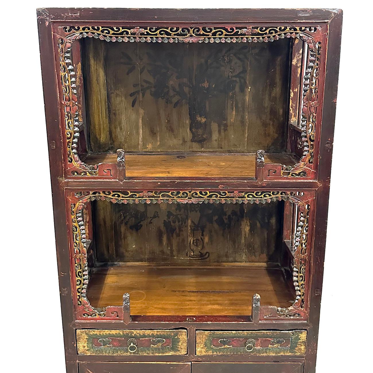 Hand-Carved Late 19th Century Antique Chinese Carved Display Cabinet For Sale